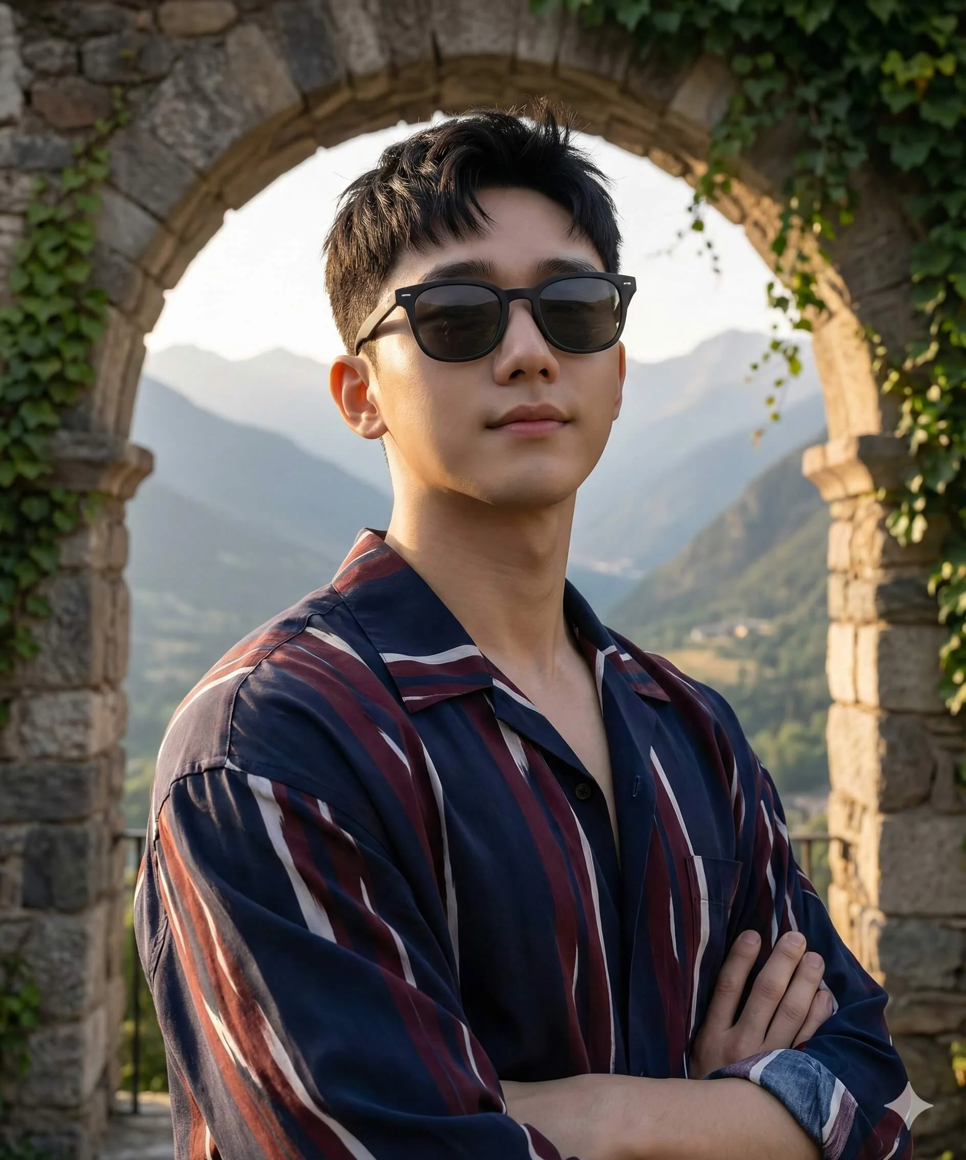 Young man in a striped shirt posing beside a stone arch with mountains behind him
