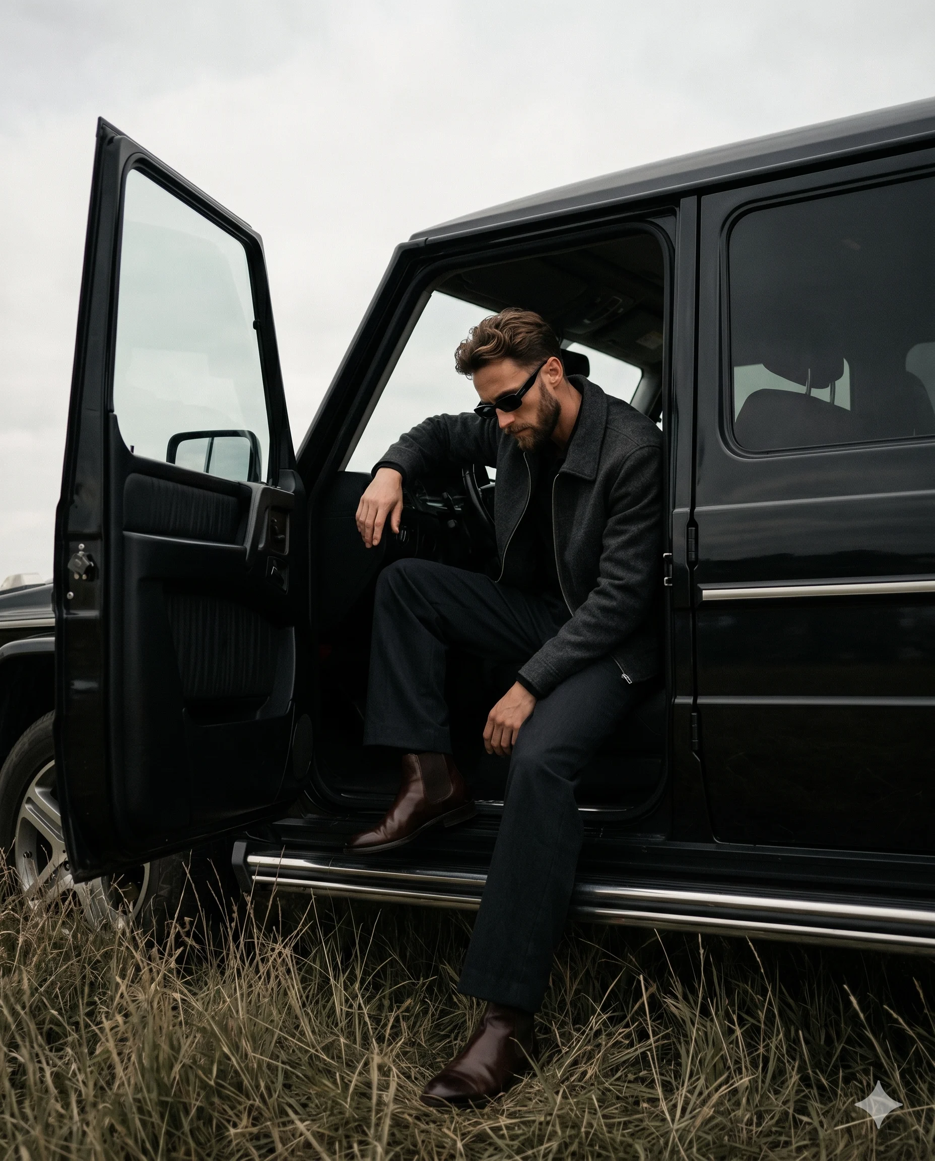 Man dressed in black sitting in the open doorway of a black SUV in a grassy outdoor setting
