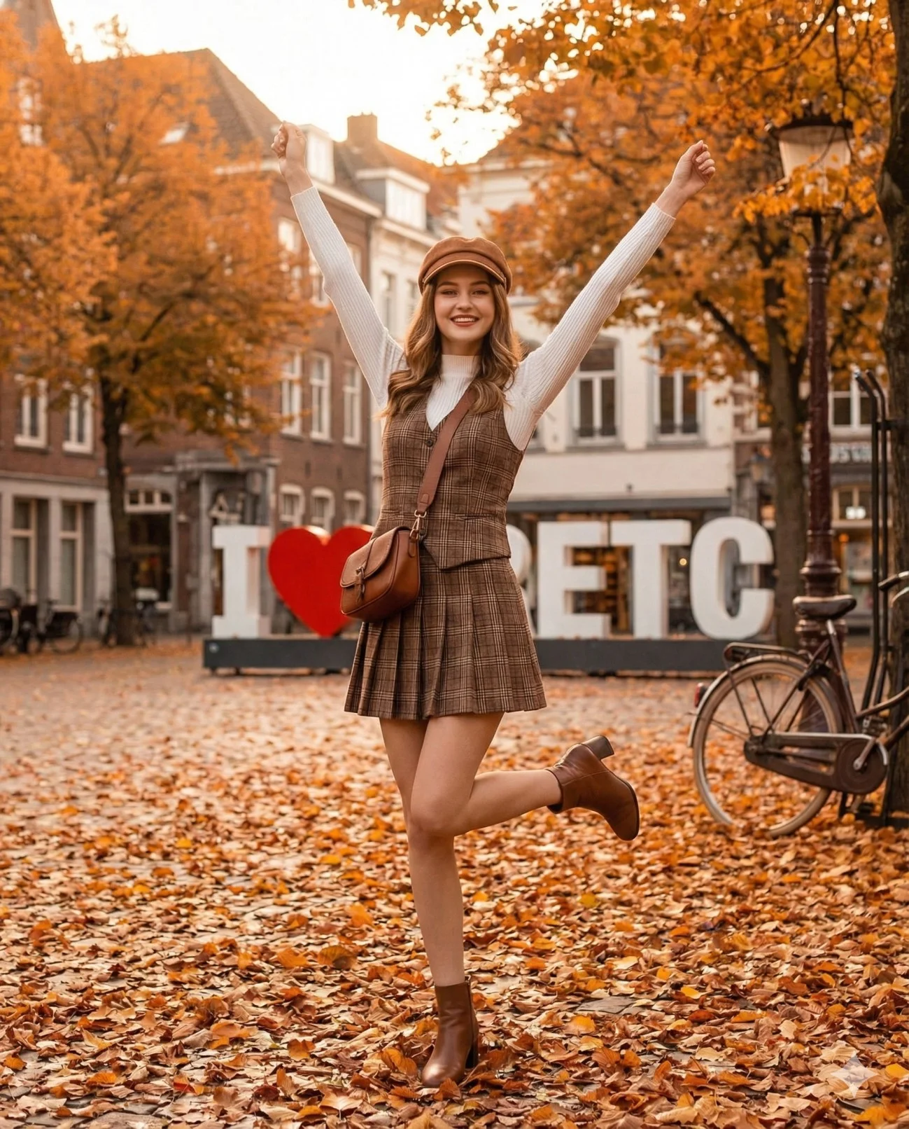 Joyful woman posing in an autumn plaza beside a red heart and large ETC sign