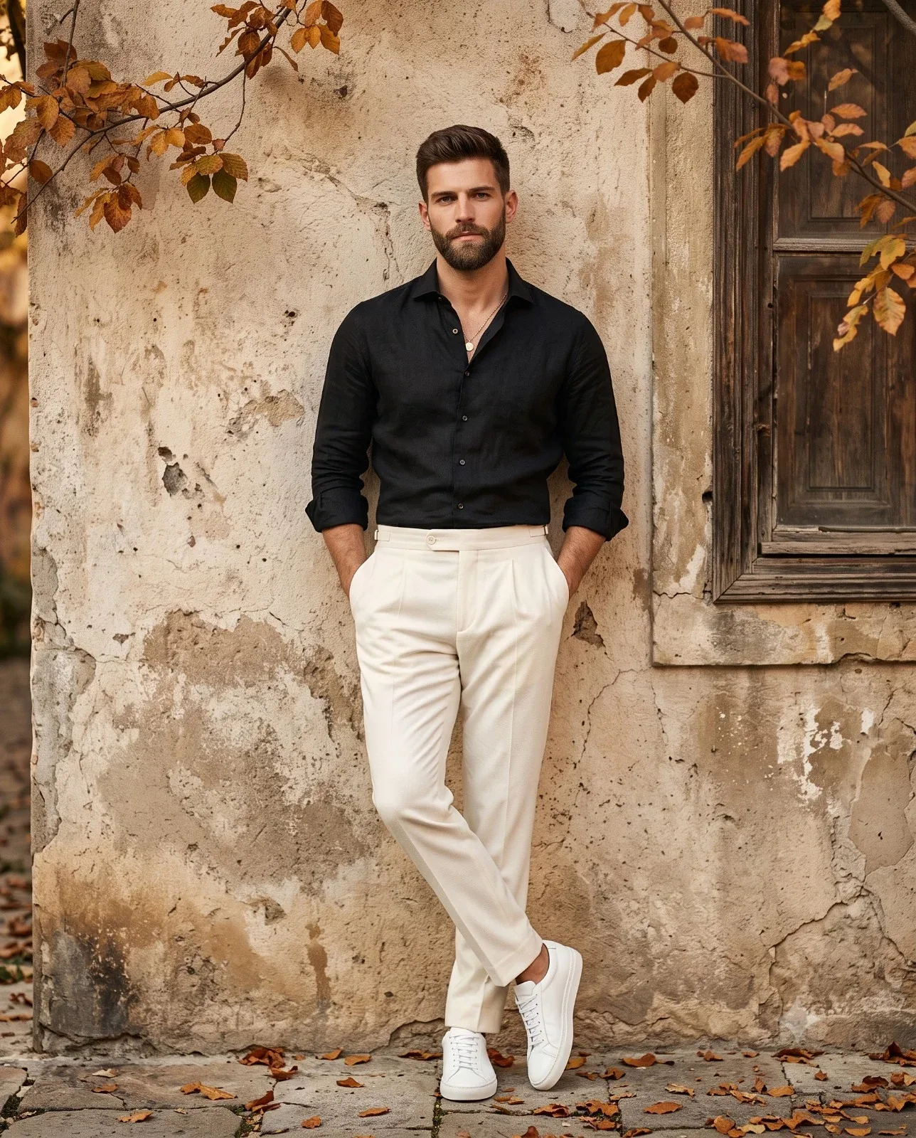 Bearded man in a dark linen shirt and white trousers posing beside a weathered wall with autumn leaves