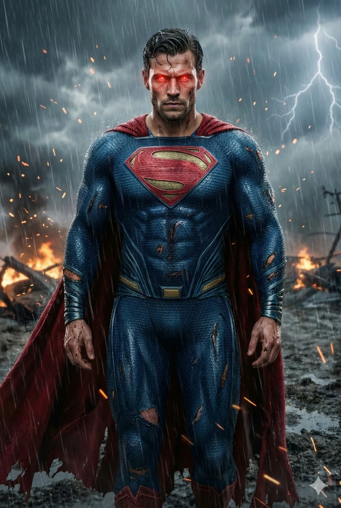 Battle-worn caped superhero in a blue suit standing in a stormy ruined battlefield