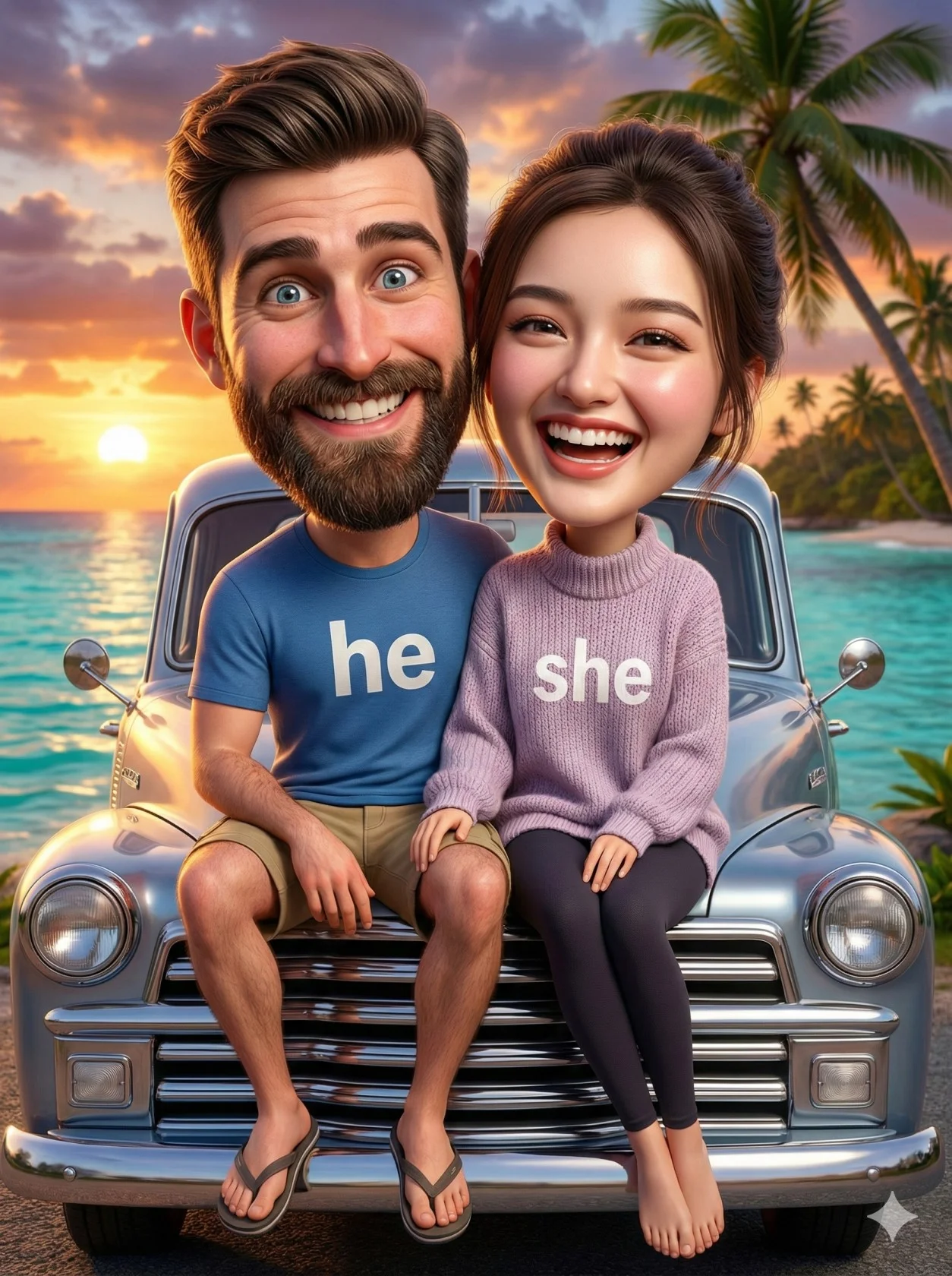 Smiling caricature couple seated on a vintage truck bumper at a tropical sunset