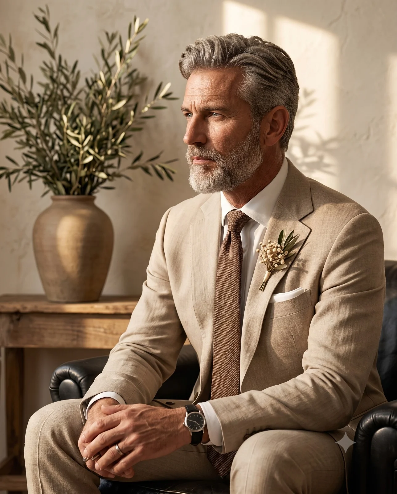 Mature man in a beige linen suit and boutonniere seated beside olive branches