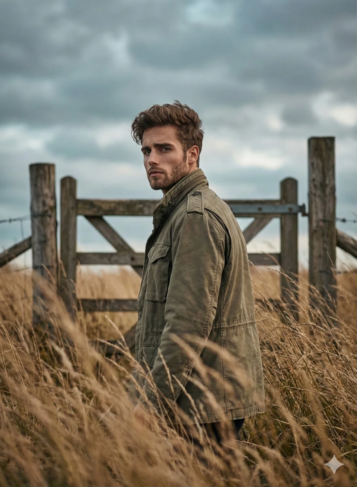 Solitary man standing in windswept golden grass in a moody rural field