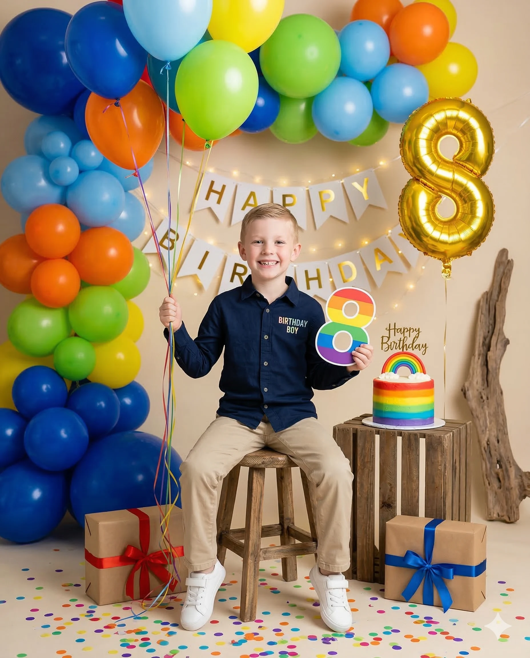 Smiling boy holding balloons and a rainbow number eight at a colorful birthday party