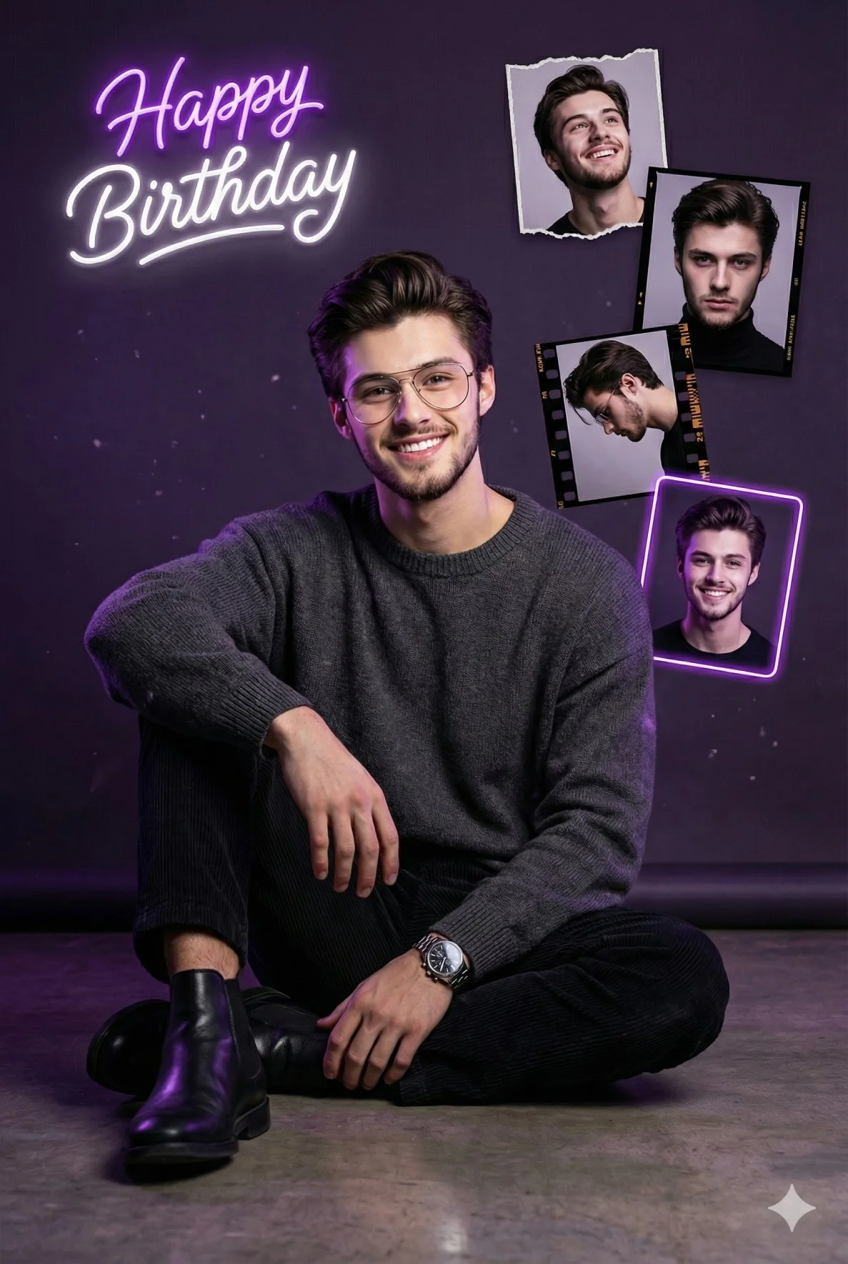 Smiling man in a dark sweater surrounded by four portrait frames and purple birthday graphics