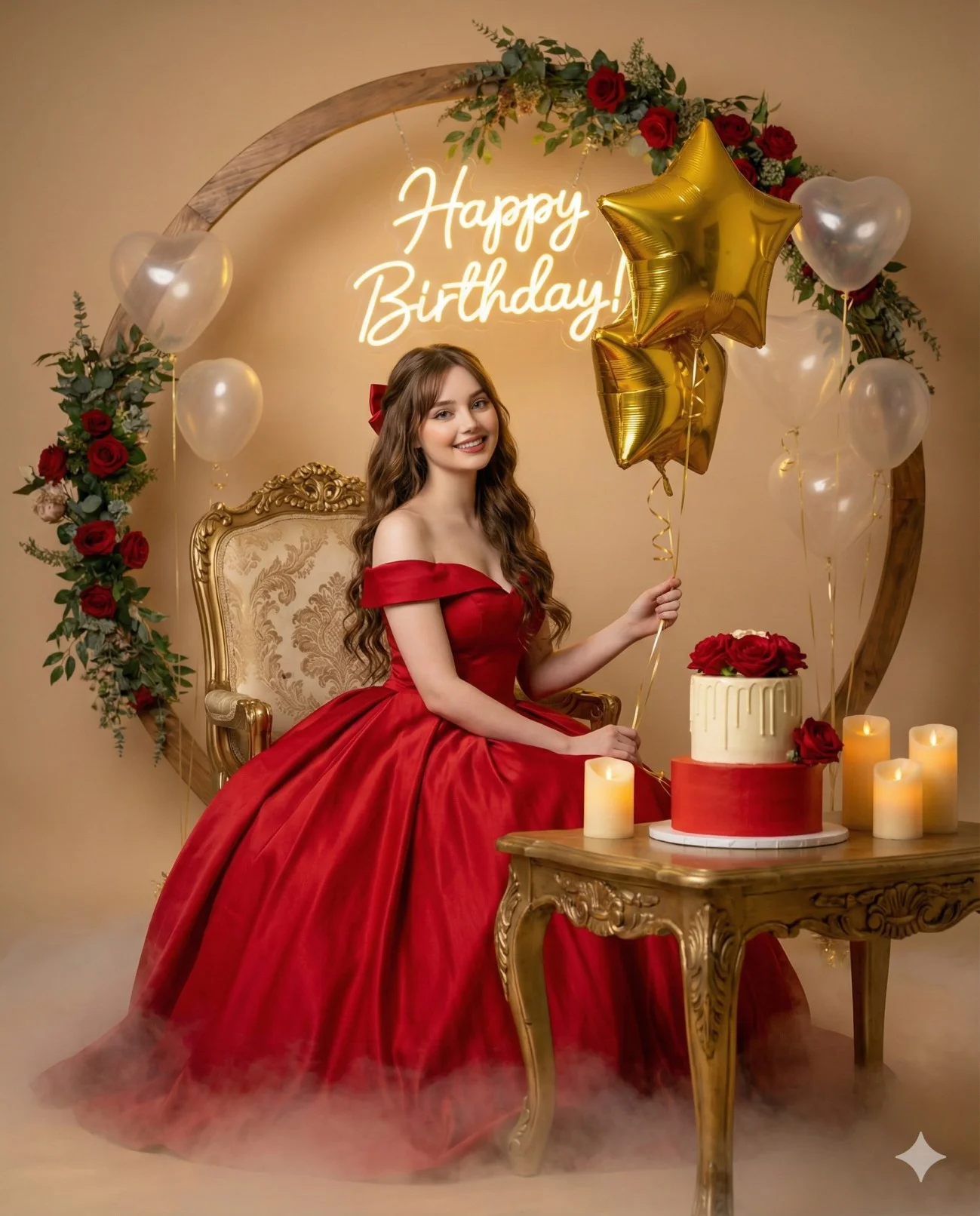 Woman in a red ball gown seated beside a birthday cake and gold star balloons
