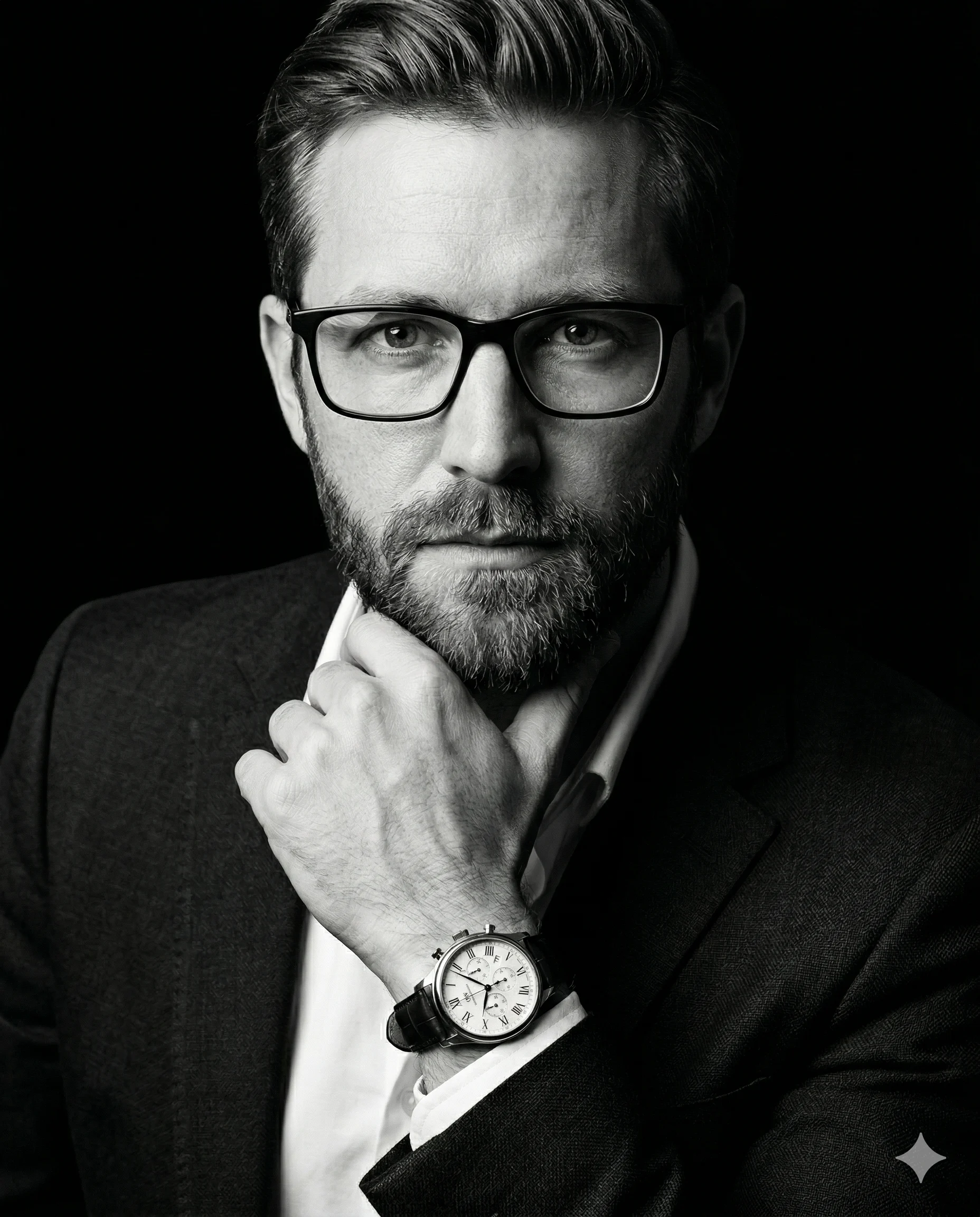 Bearded executive in glasses resting his hand near his chin in a monochrome portrait
