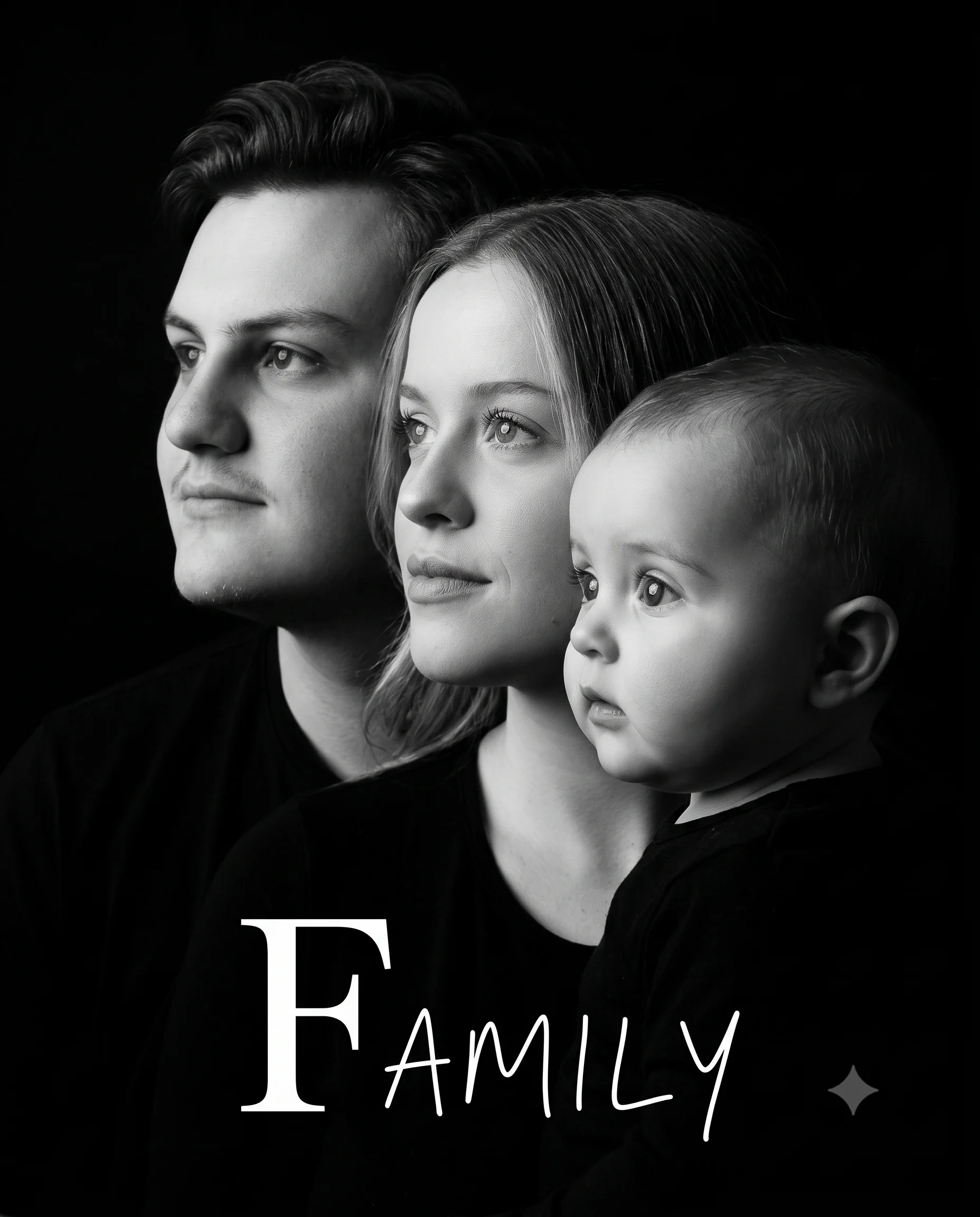 Father mother and young child in layered black-and-white profiles above FAMILY text