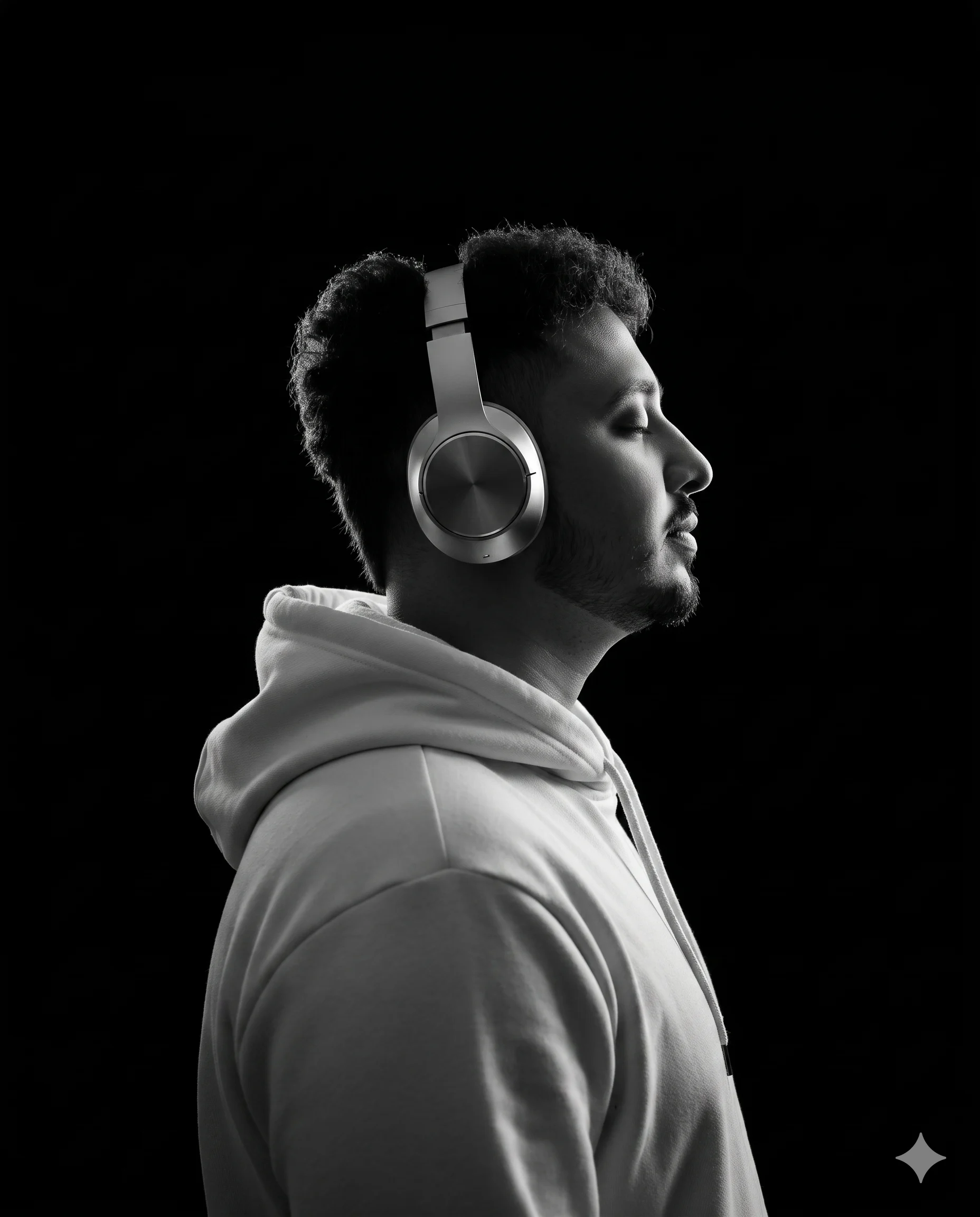 Man in a white hoodie wearing headphones with eyes closed in side profile