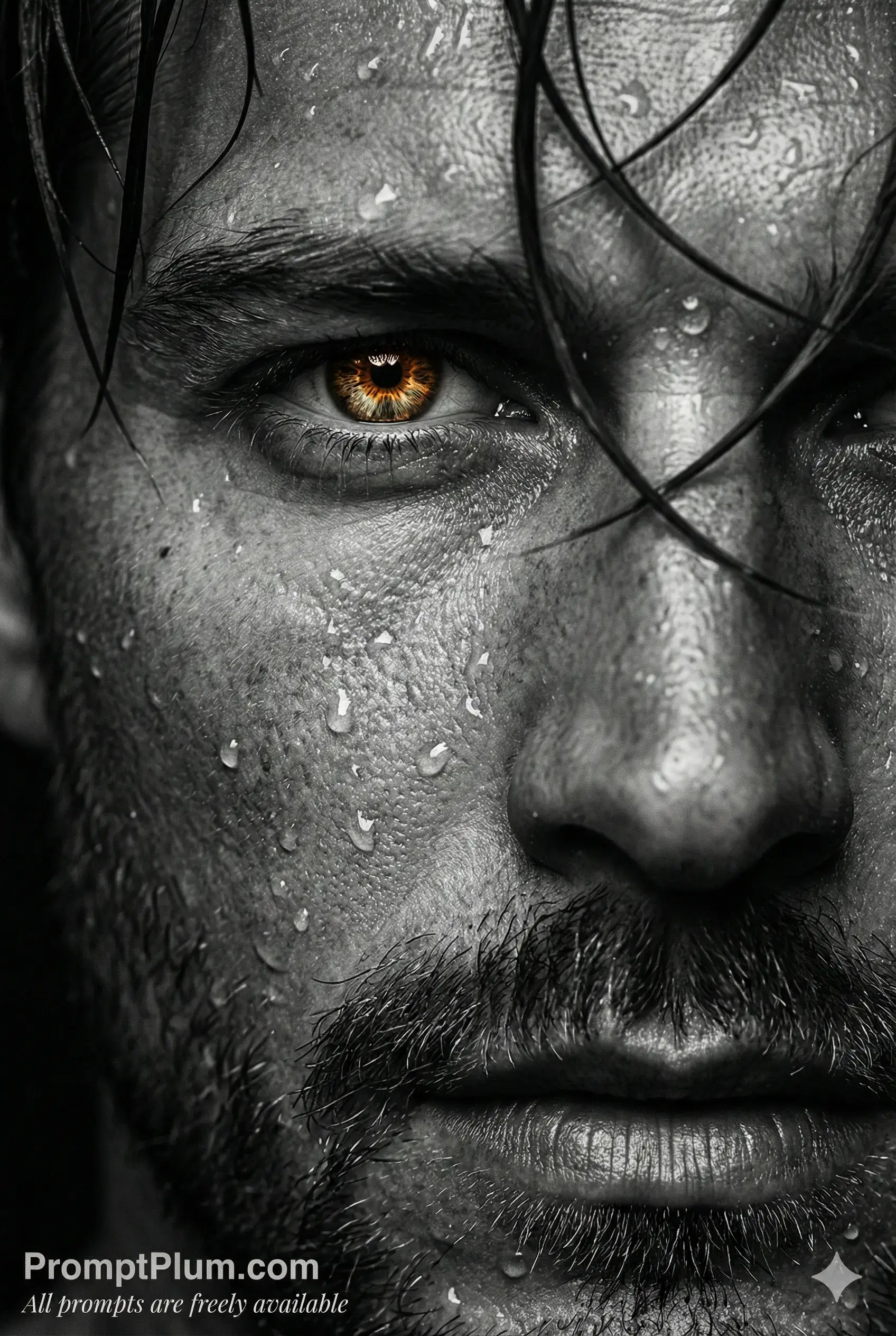 Extreme close-up of a wet monochrome male face with one amber eye