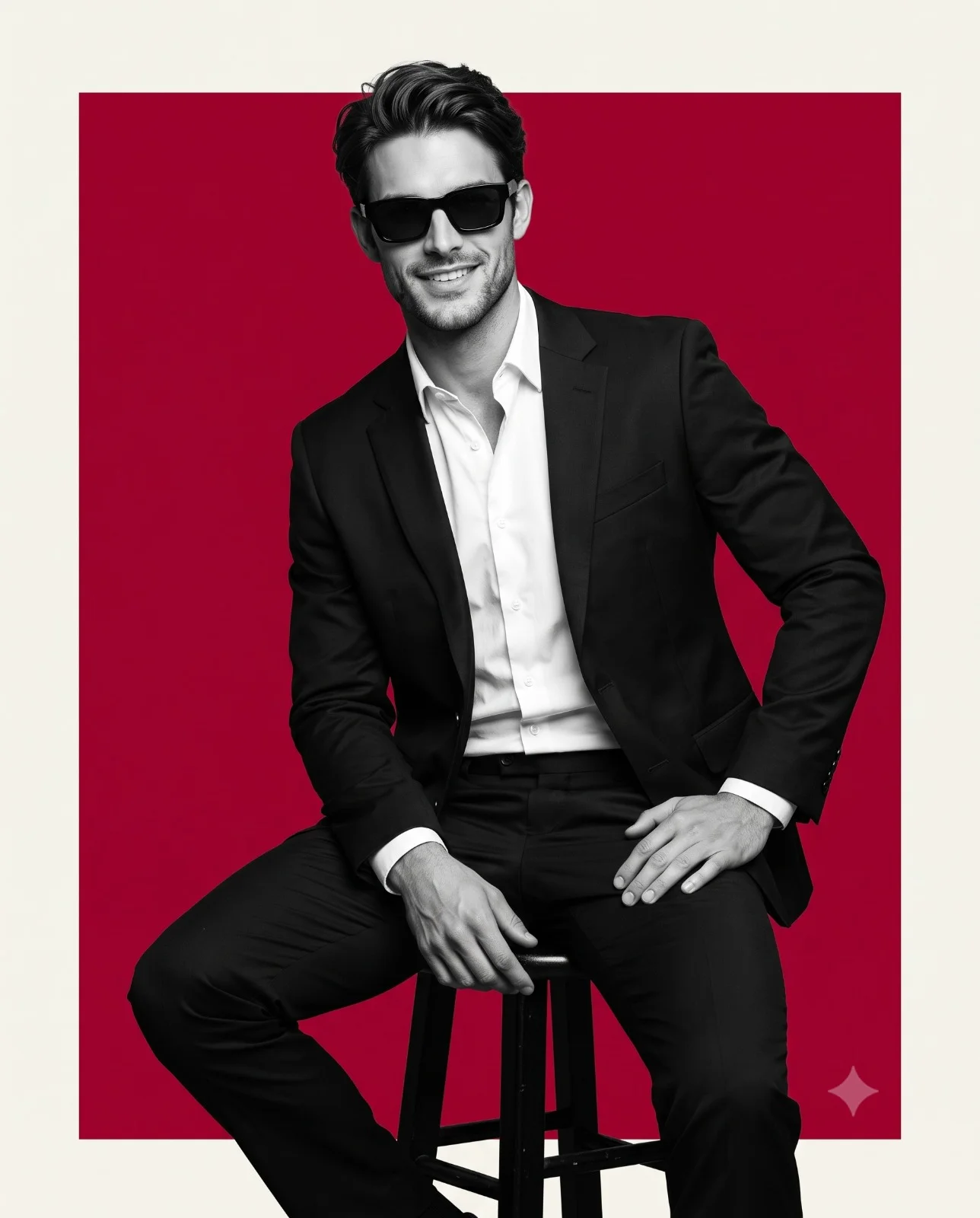 Smiling man in a black suit and sunglasses seated against a red backdrop