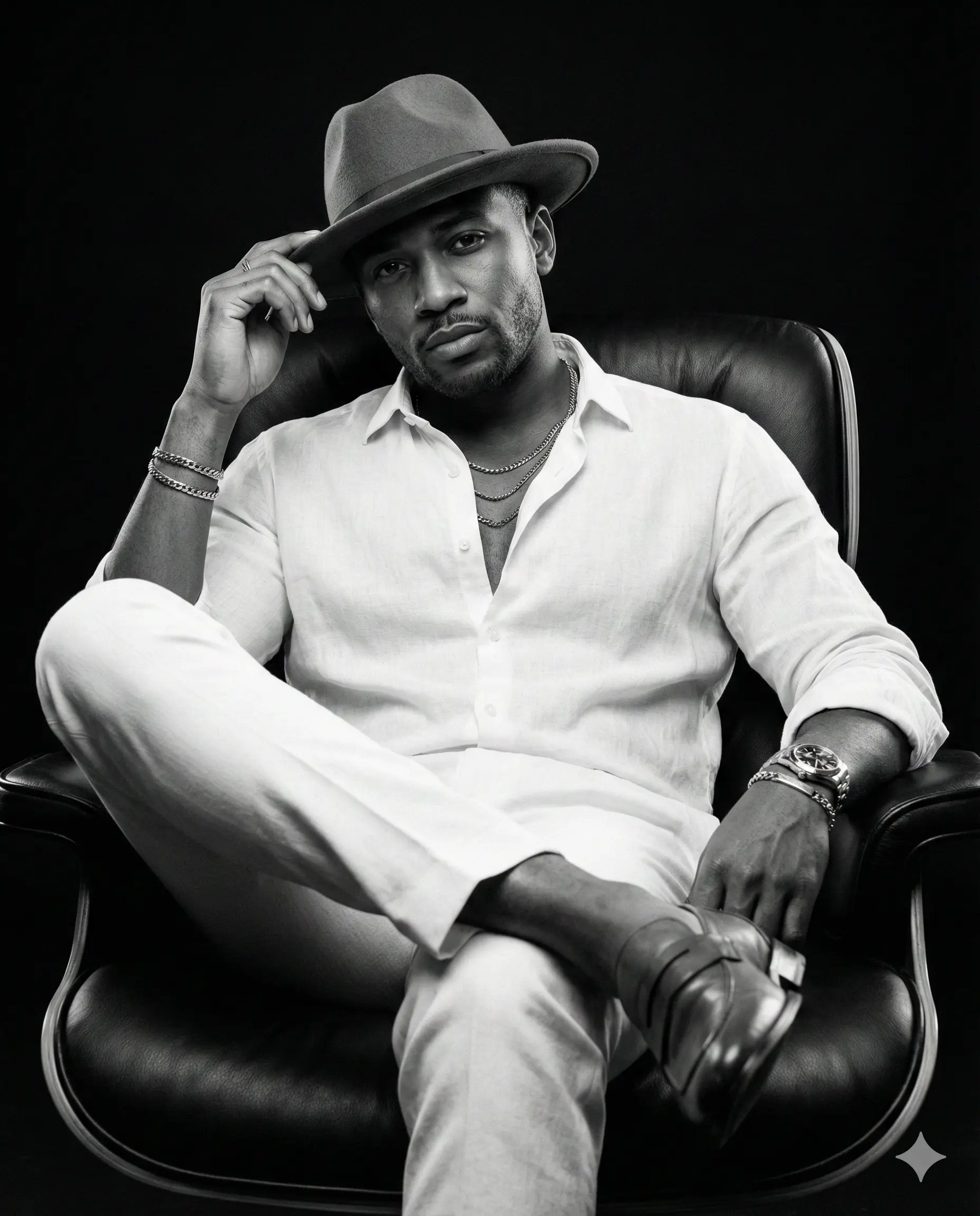 Man in a fedora and white linen outfit seated in a black leather chair
