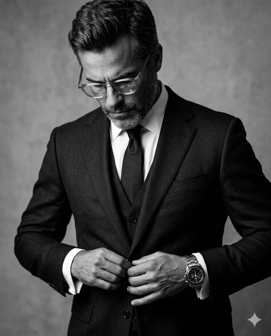 Man in glasses looking down while fastening a black three-piece suit
