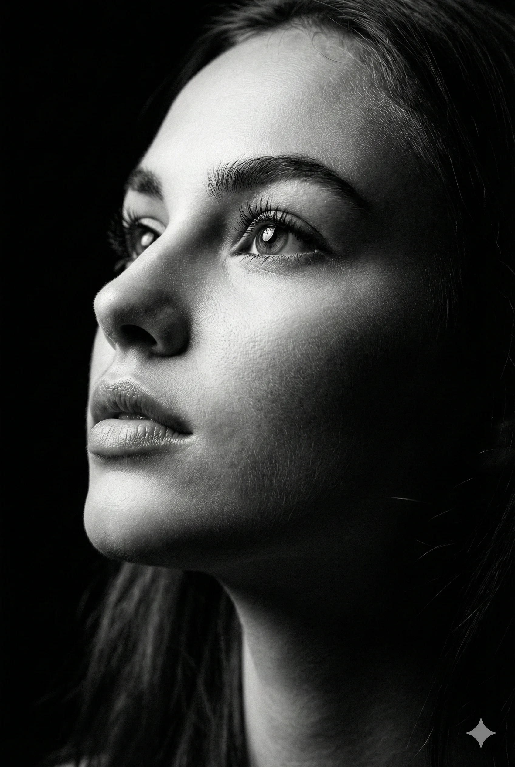 Black-and-white close-up of a woman looking upward into dramatic light