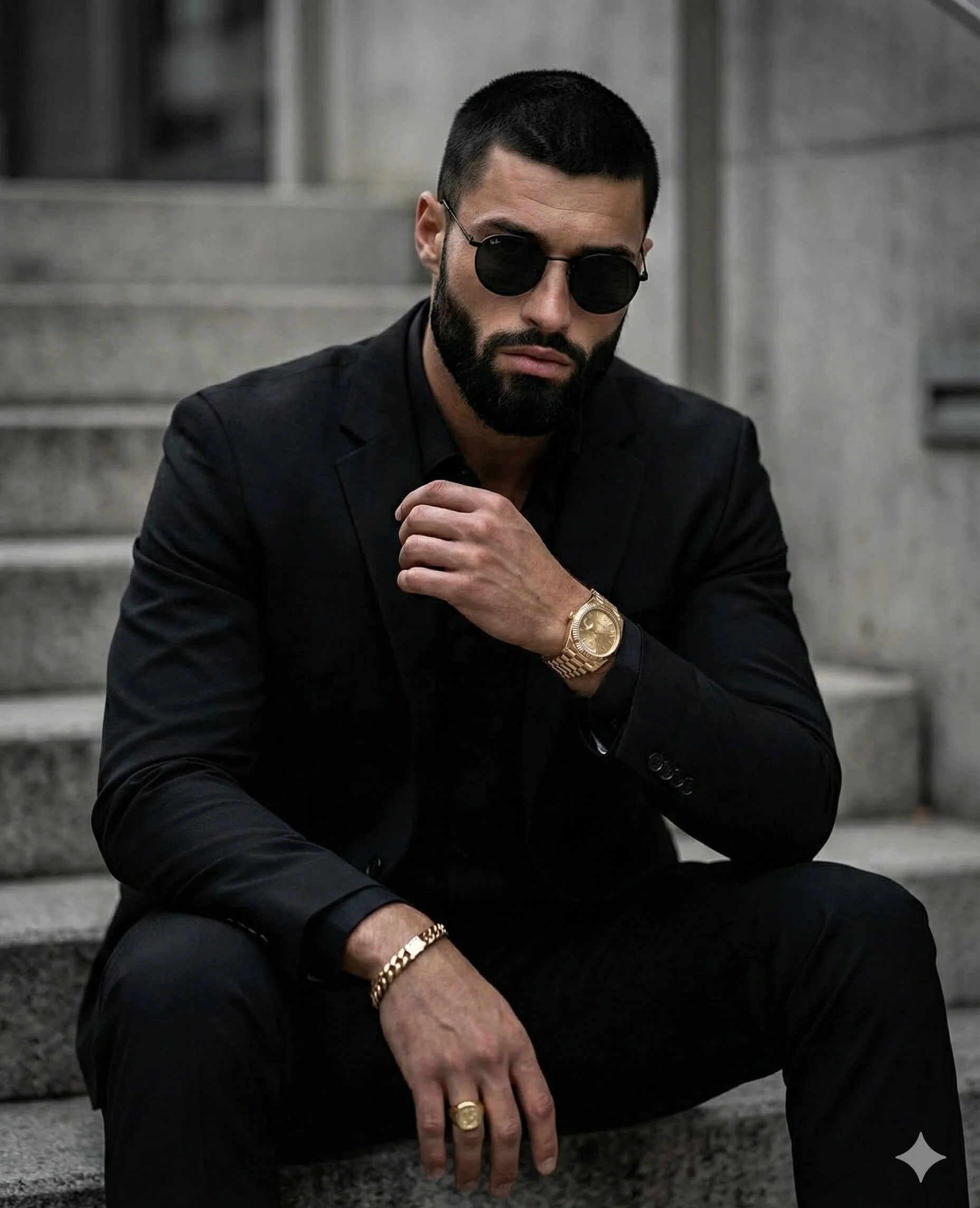 Man in an all-black suit seated on concrete stairs wearing a gold watch and bracelet