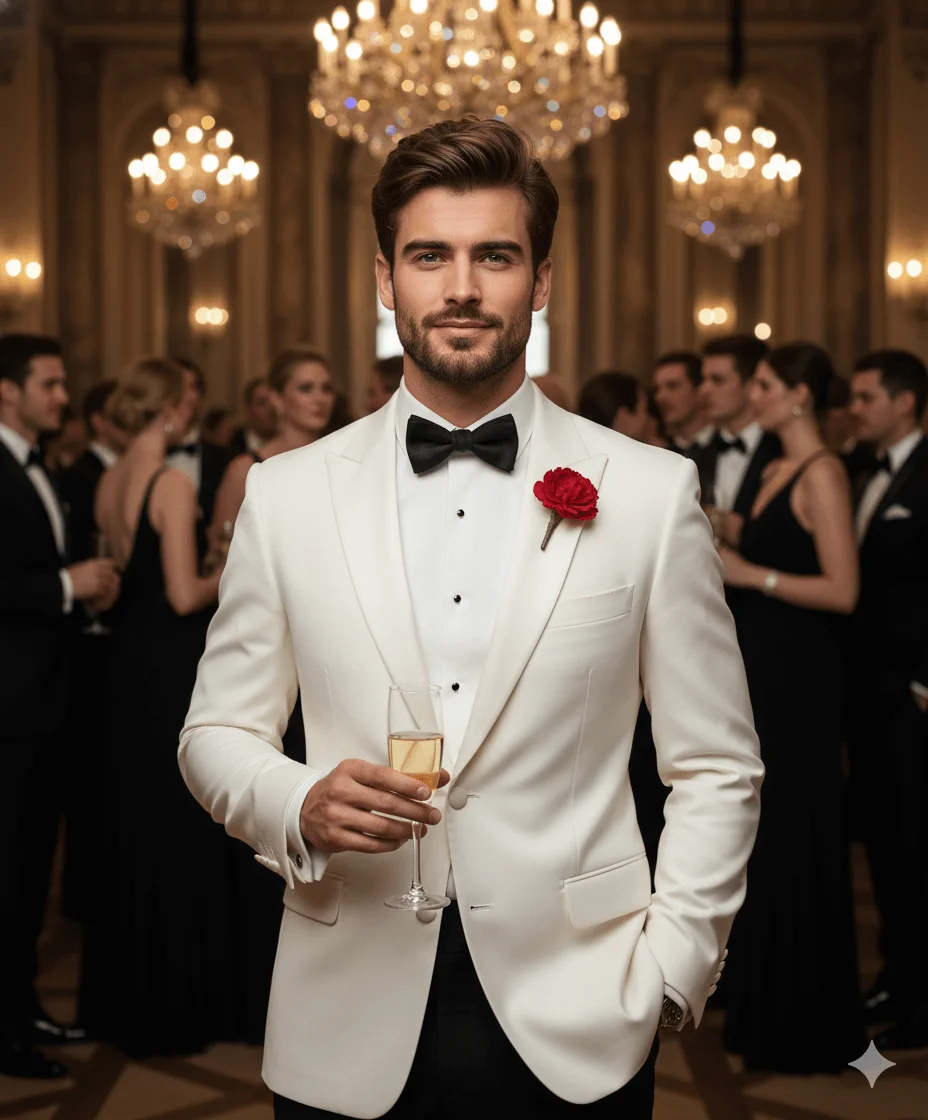 Confident man in formal black-tie attire at a luxury gala event