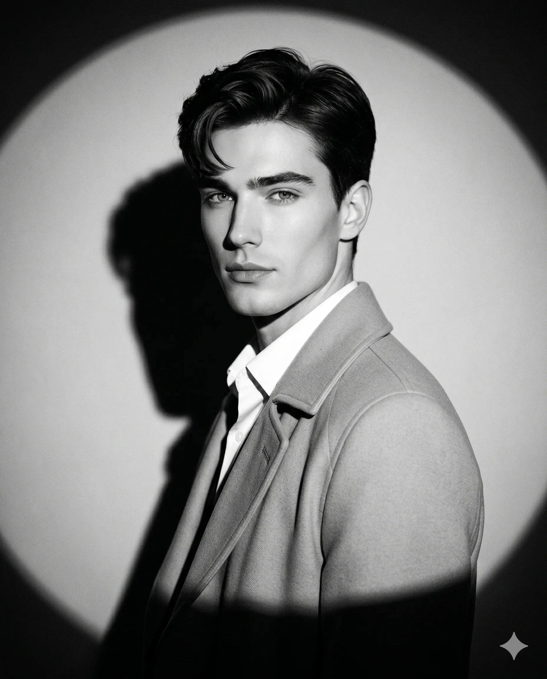 Man in a light overcoat framed by a circular spotlight and dark wall shadow