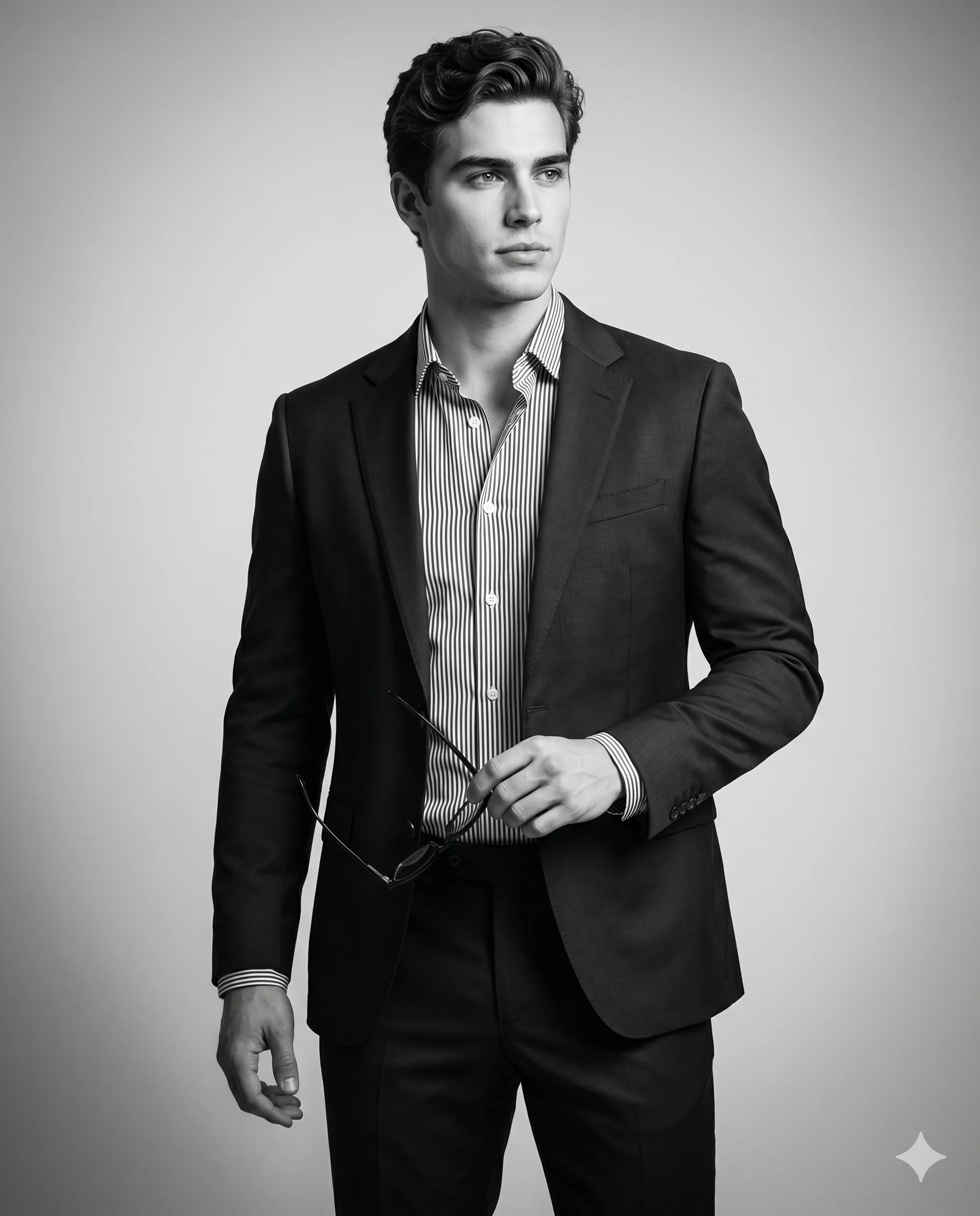 Man in a dark suit holding eyeglasses in a black-and-white studio portrait