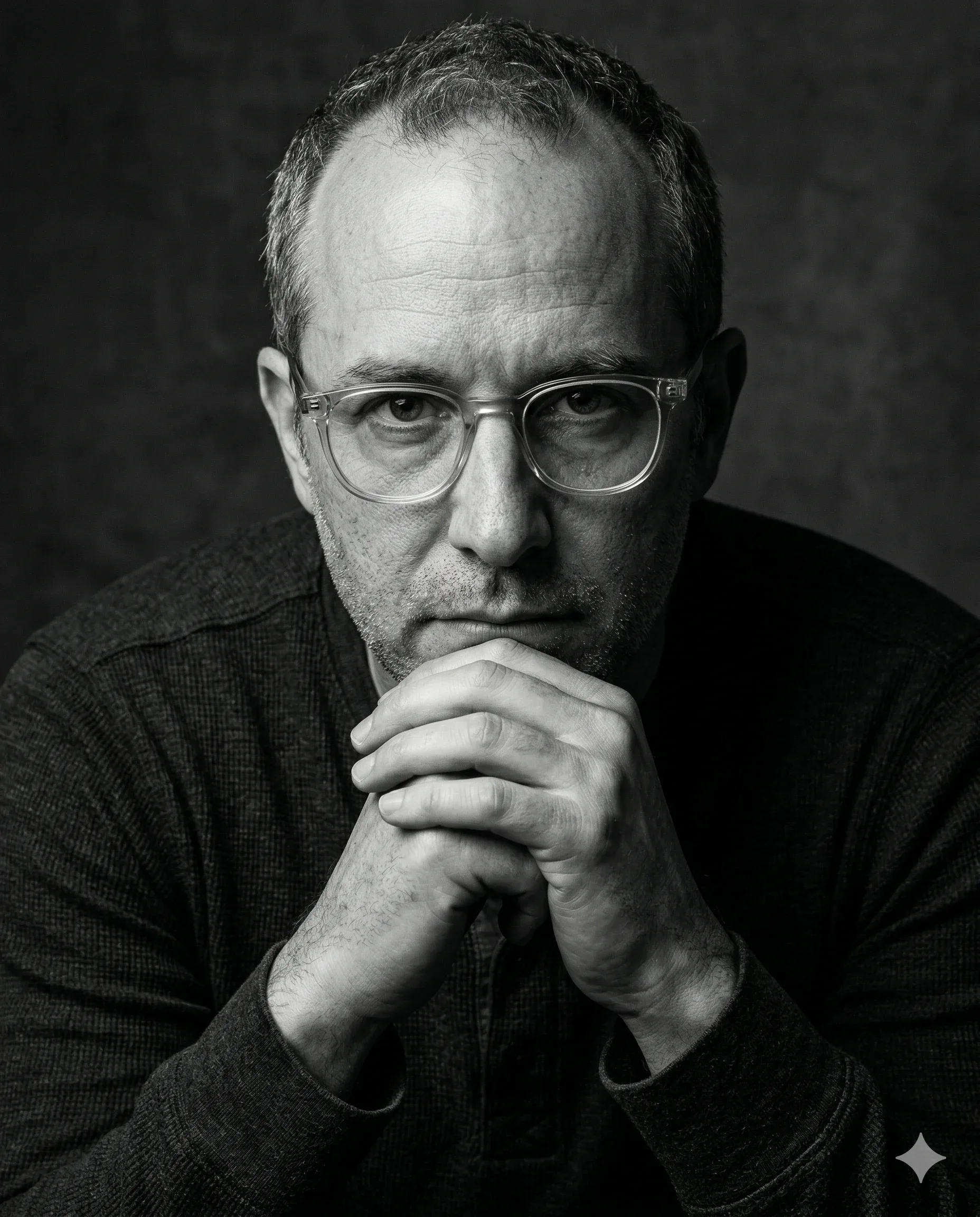 Man wearing clear glasses with clasped hands in a dramatic monochrome portrait