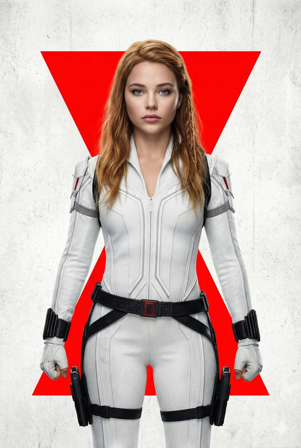 Female superhero in a white tactical suit centered in a cinematic studio poster
