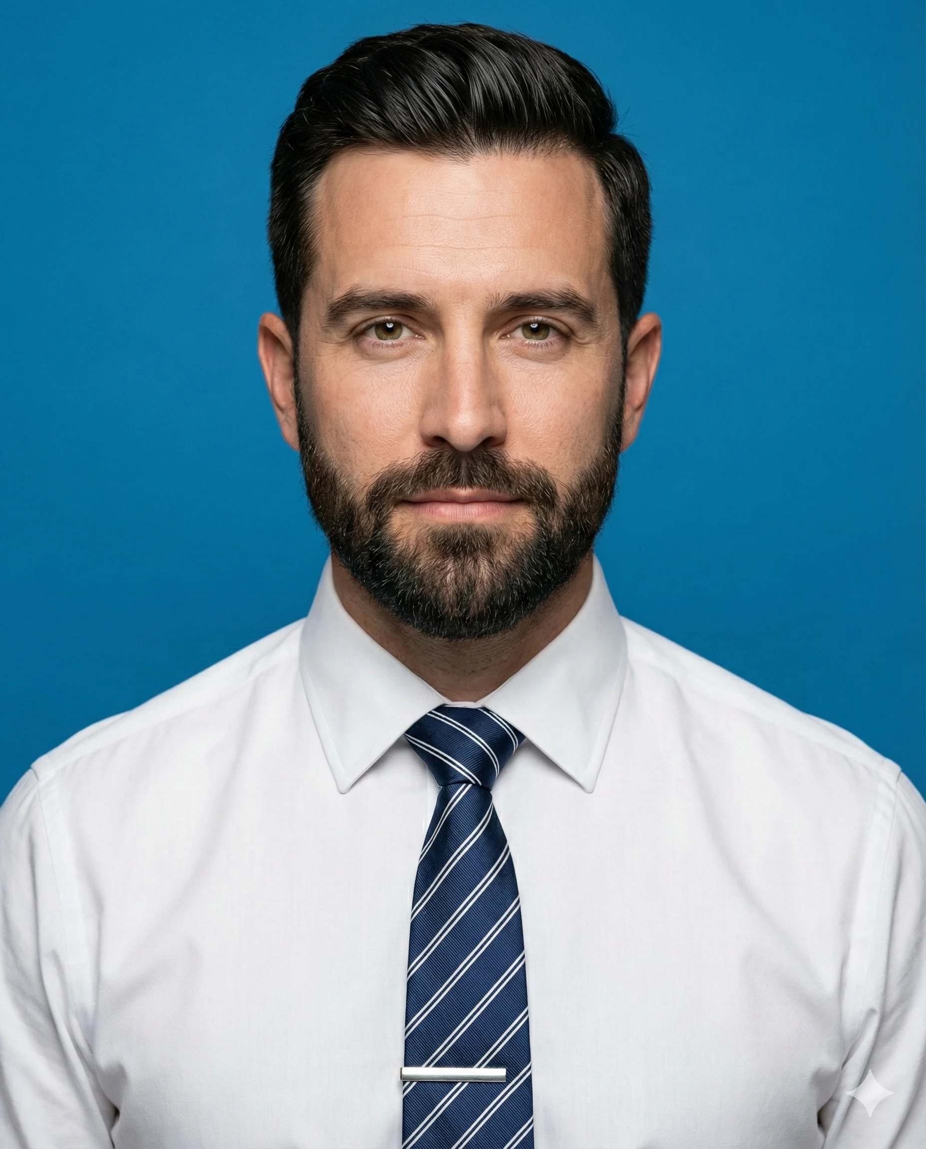 Professional man in a white shirt and striped blue tie against a solid blue backdrop
