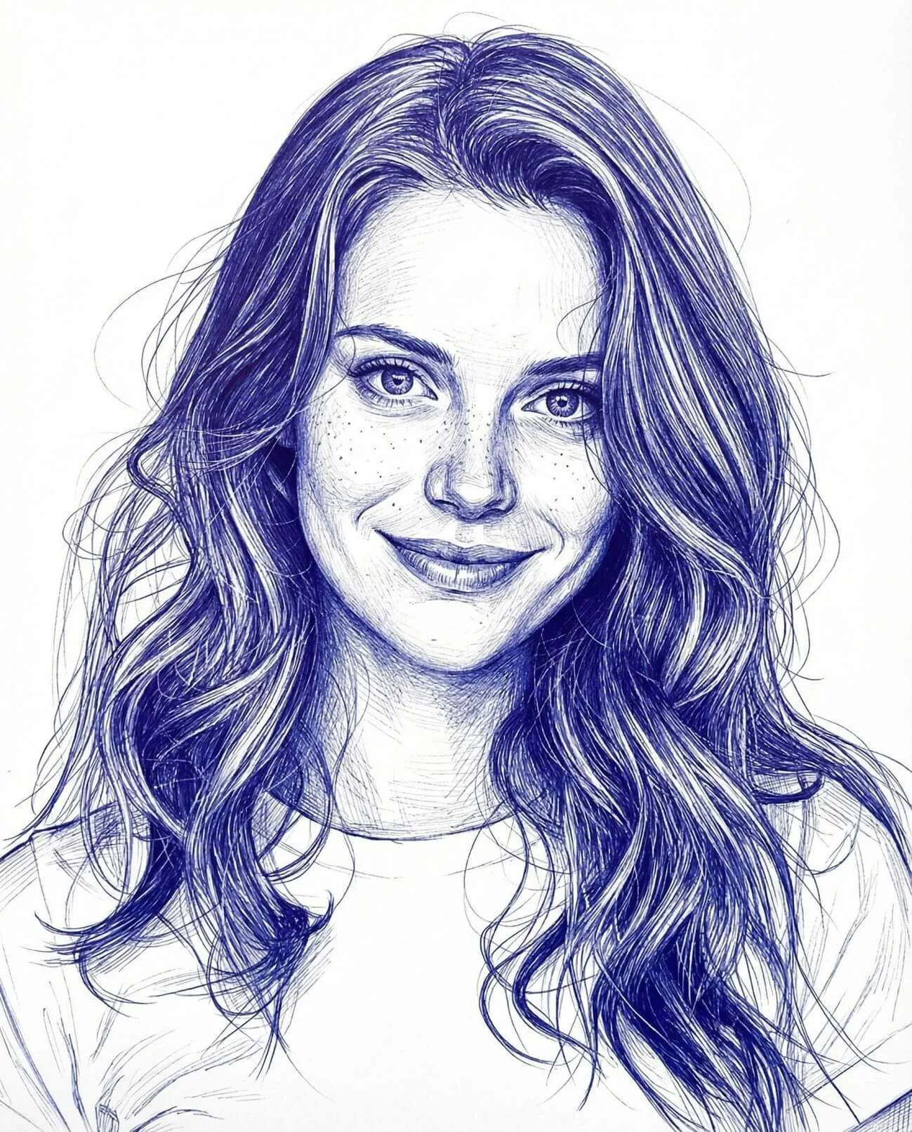 Detailed face portrait drawn in blue ballpoint pen with flowing thread-like strokes