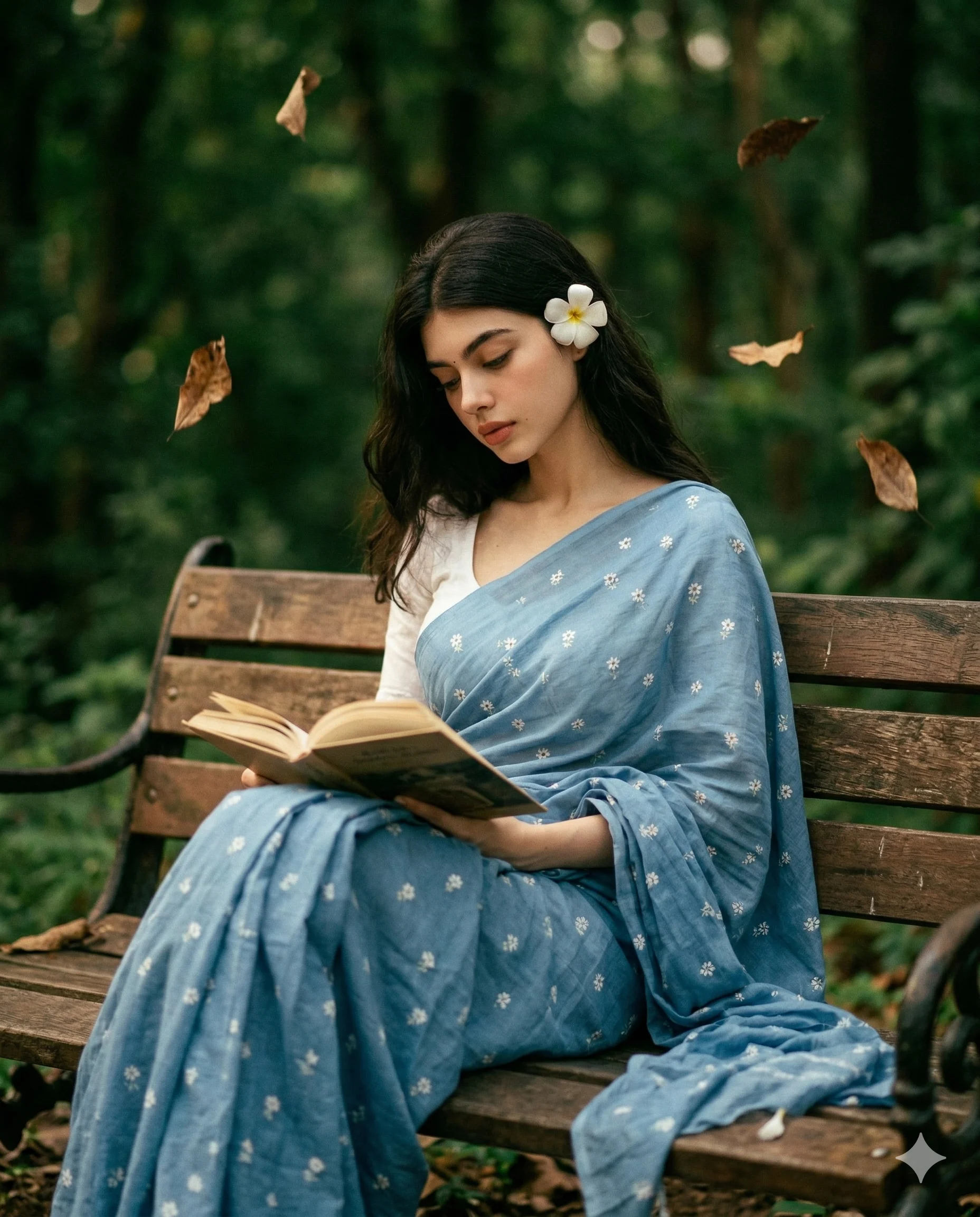 Woman in a blue floral saree reading a book on a wooden park bench