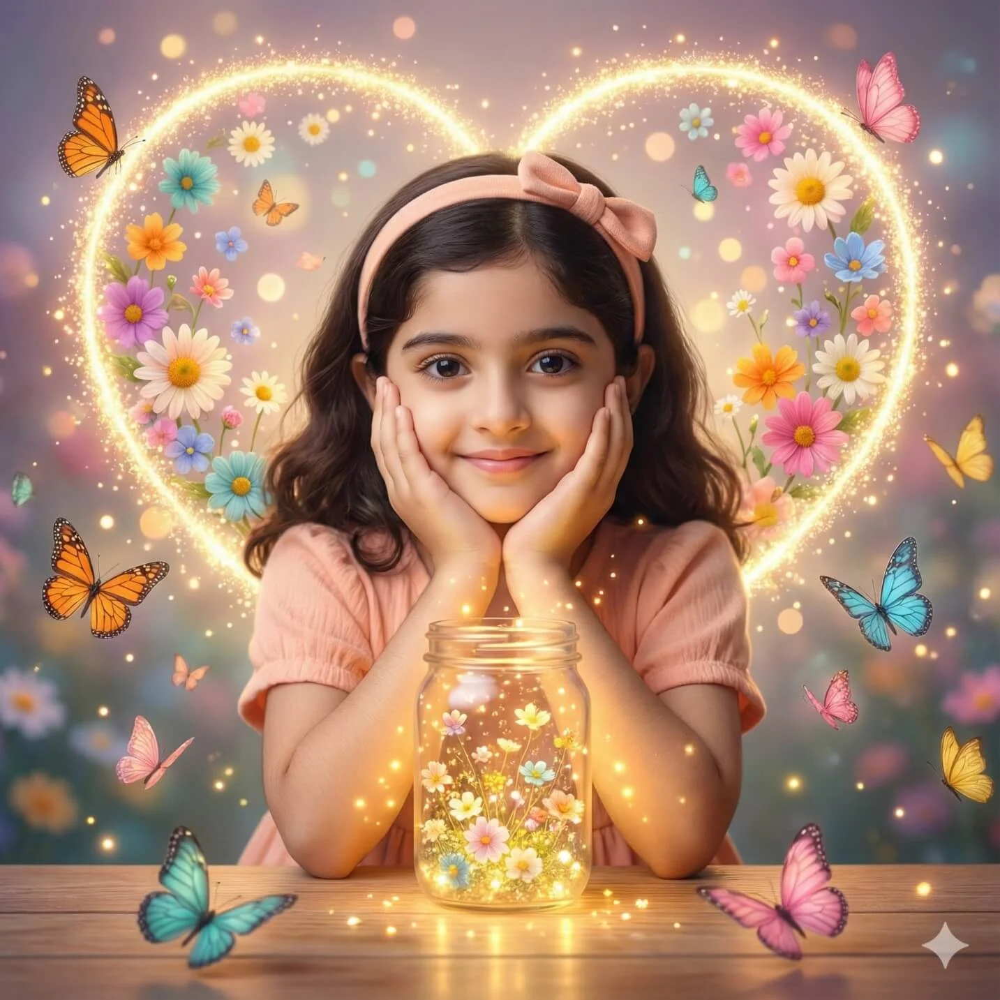 Smiling girl beside a glowing flower jar with a heart of flowers and colorful butterflies