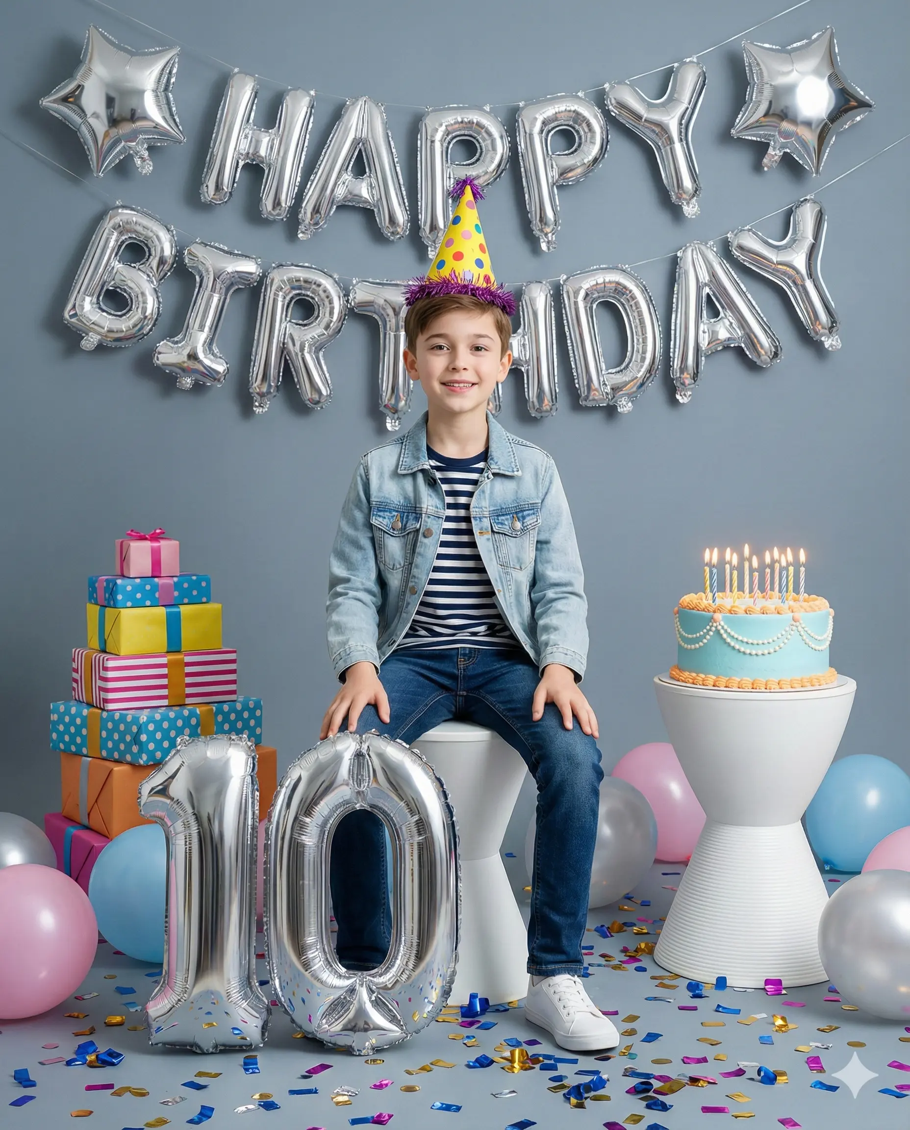 Smiling boy seated with silver tenth-birthday balloons, wrapped gifts, and a blue cake