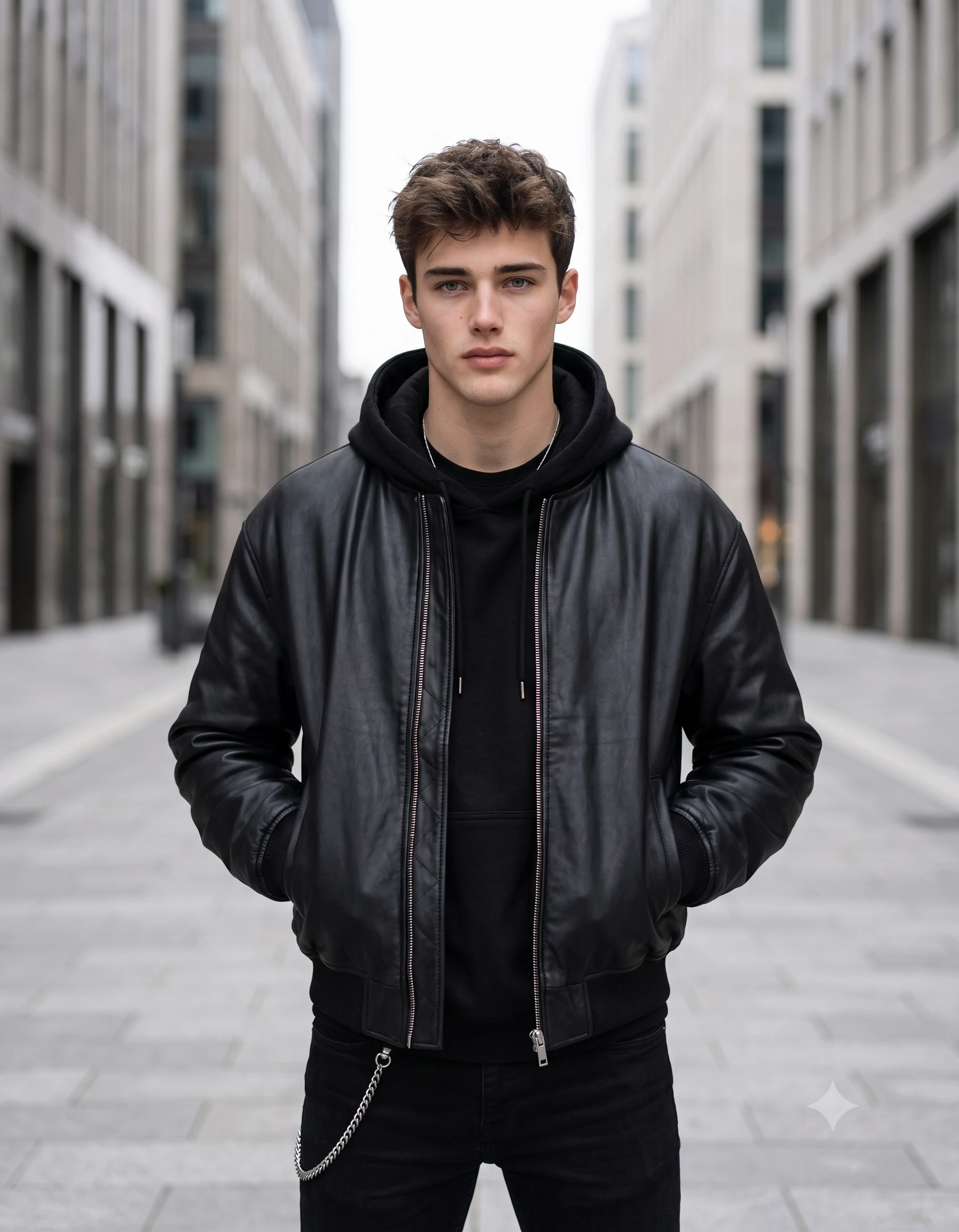 Man wearing a black leather bomber jacket and hoodie on a modern city street