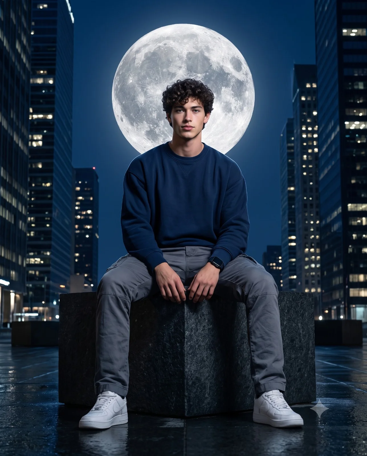 Seated man framed by a large full moon between illuminated city skyscrapers