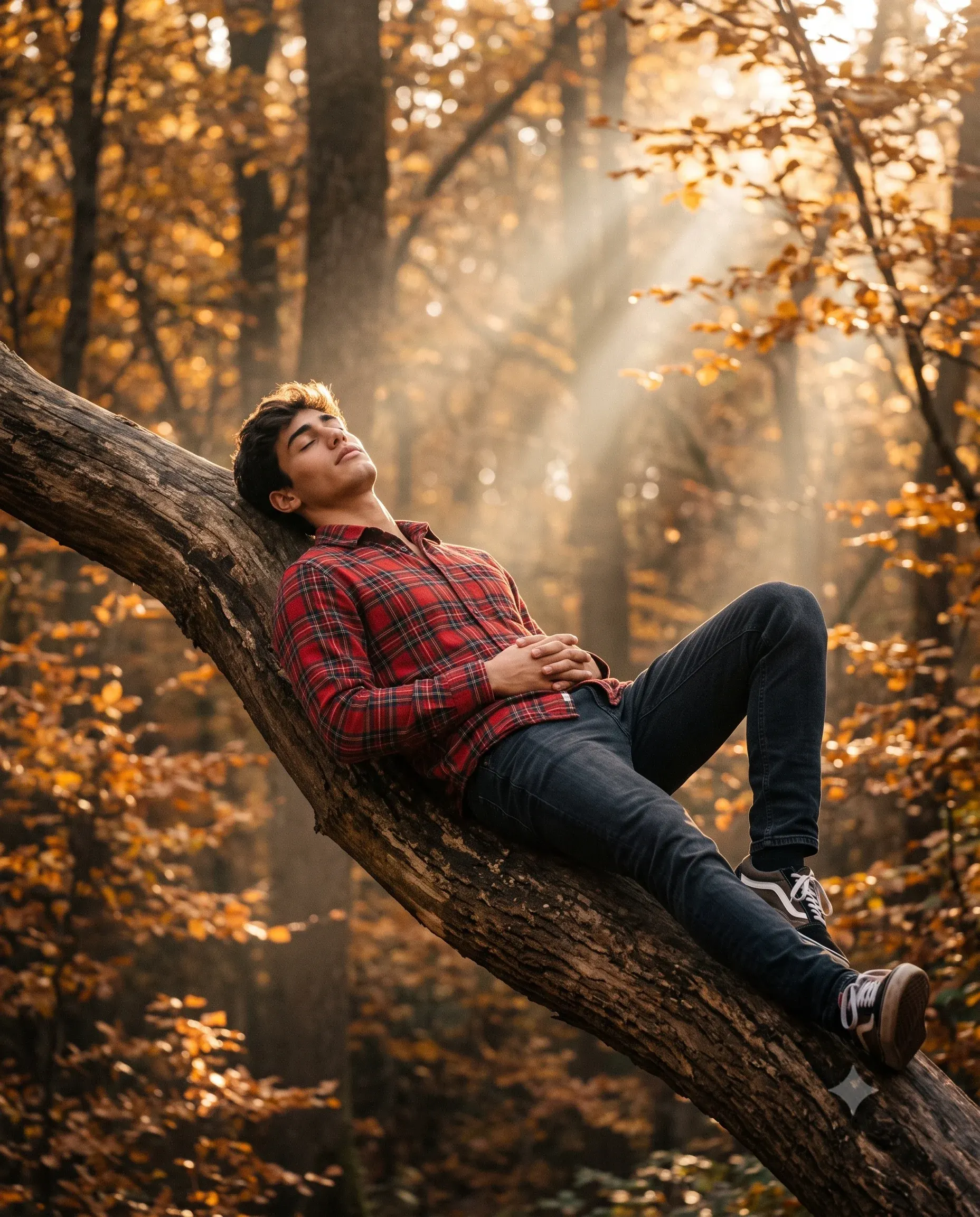 Man reclining on a curved tree branch in a misty golden autumn forest