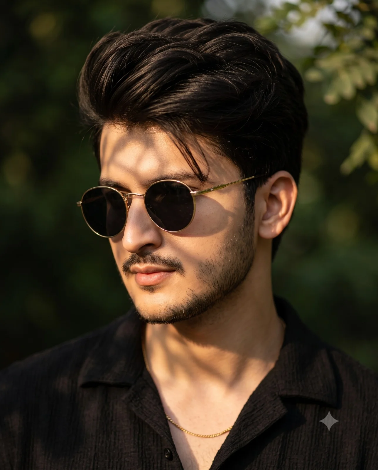 Man in round sunglasses and a black shirt lit by dappled sunlight against green foliage