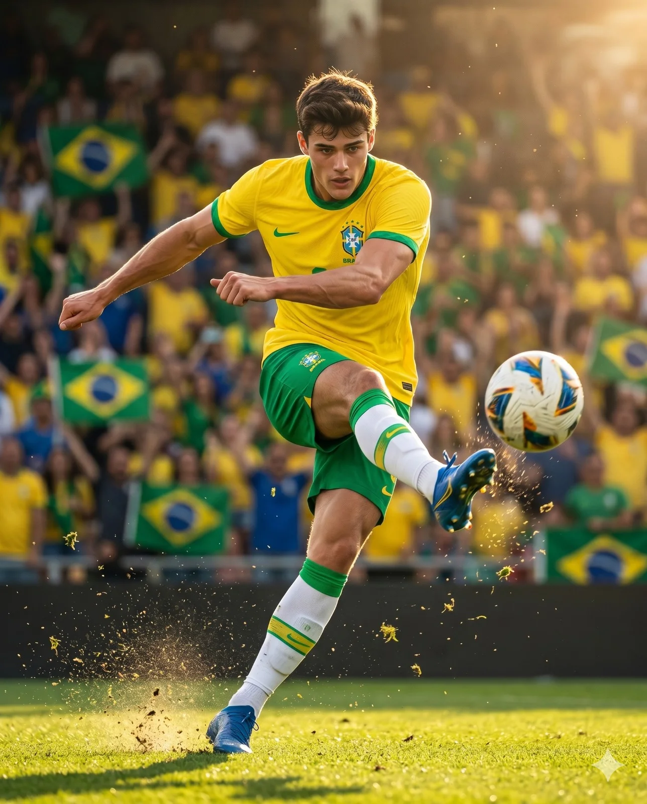 Brazil football player in a yellow jersey kicking a ball as turf flies across the field