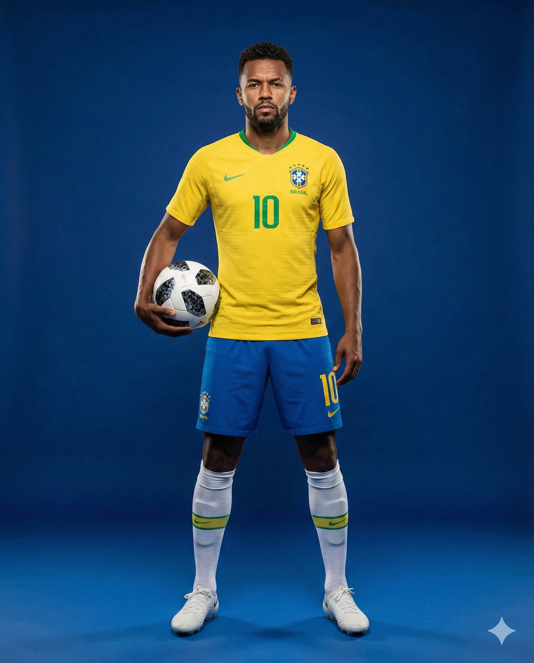 Footballer in a yellow Brazil number 10 kit holding a ball against a royal-blue background