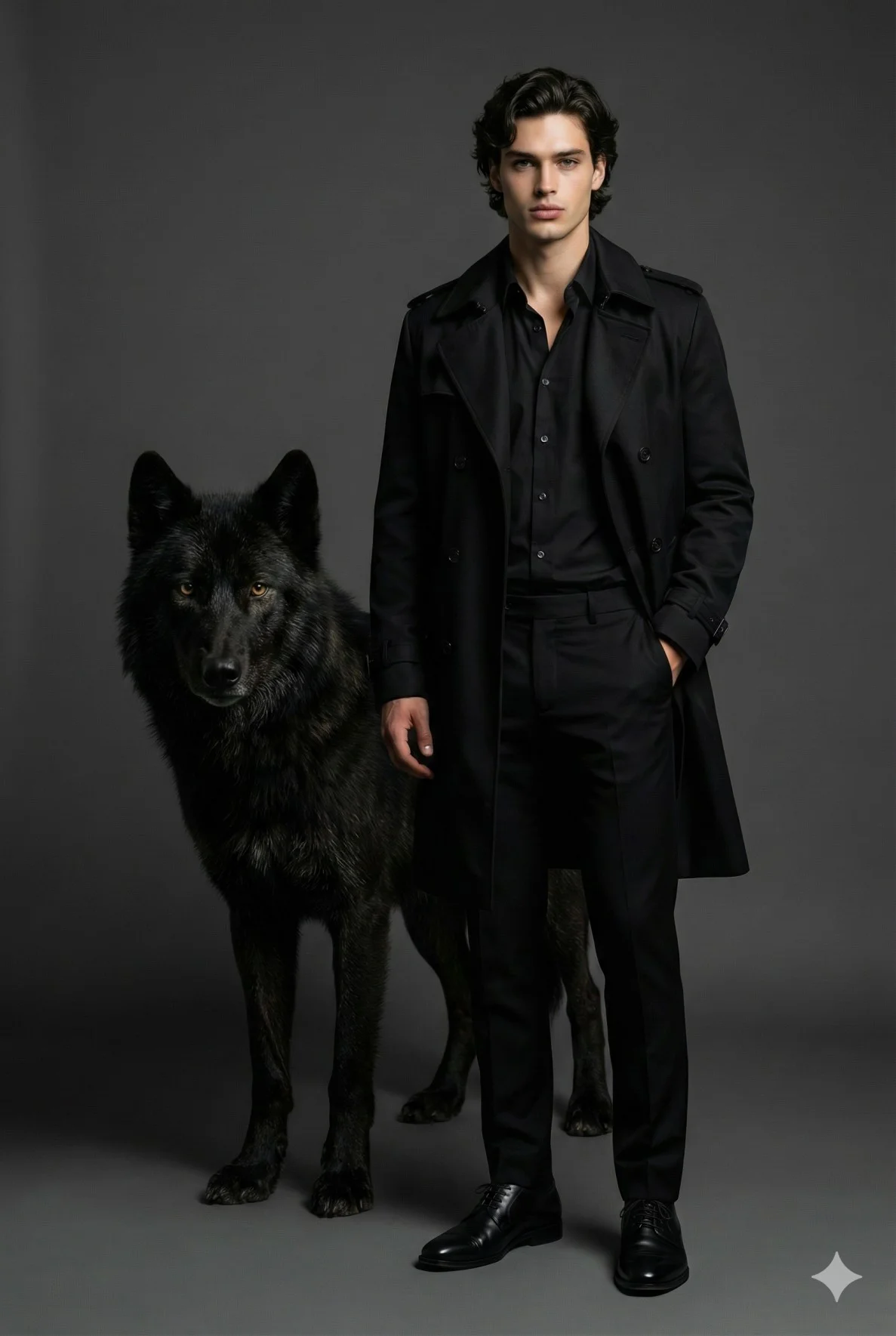 Confident man in a black trench coat standing beside a black wolf in a dark studio