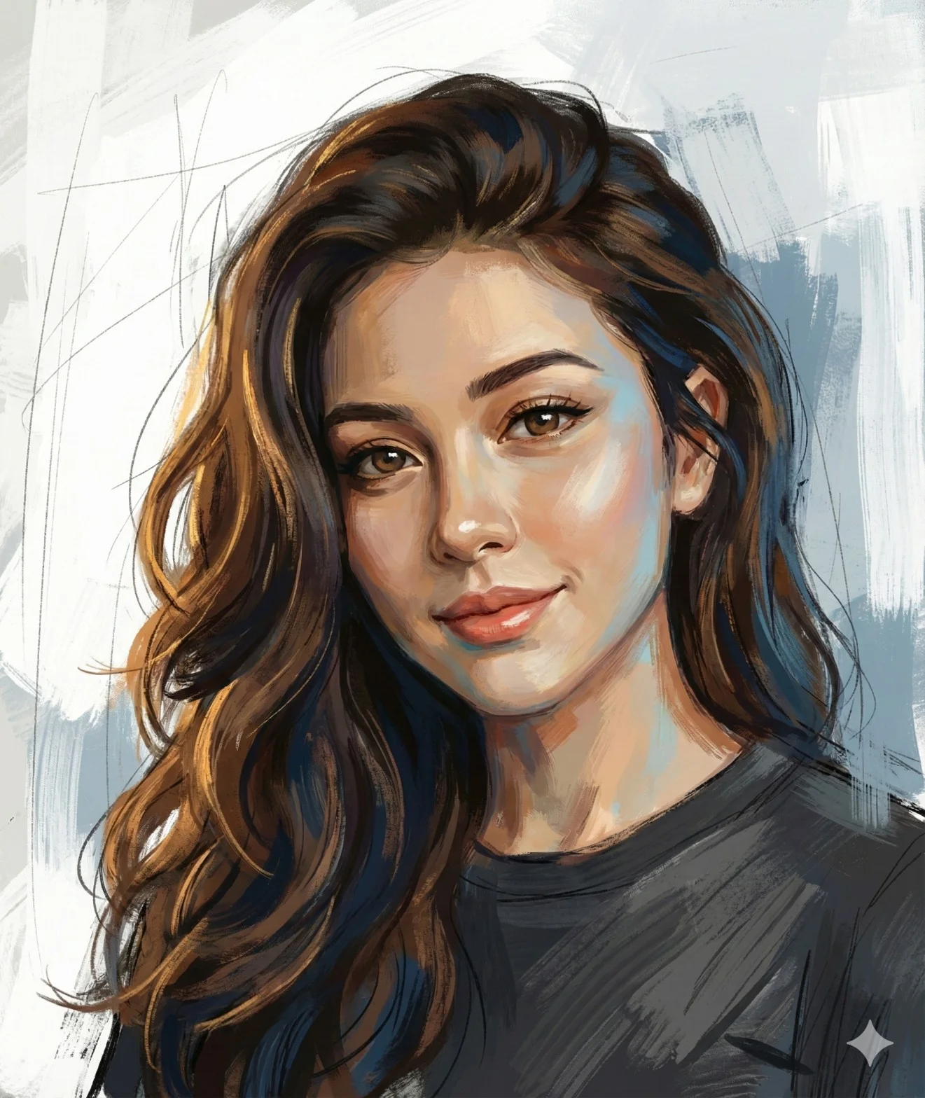 Calm smiling woman rendered with expressive textured brushstrokes and painterly color