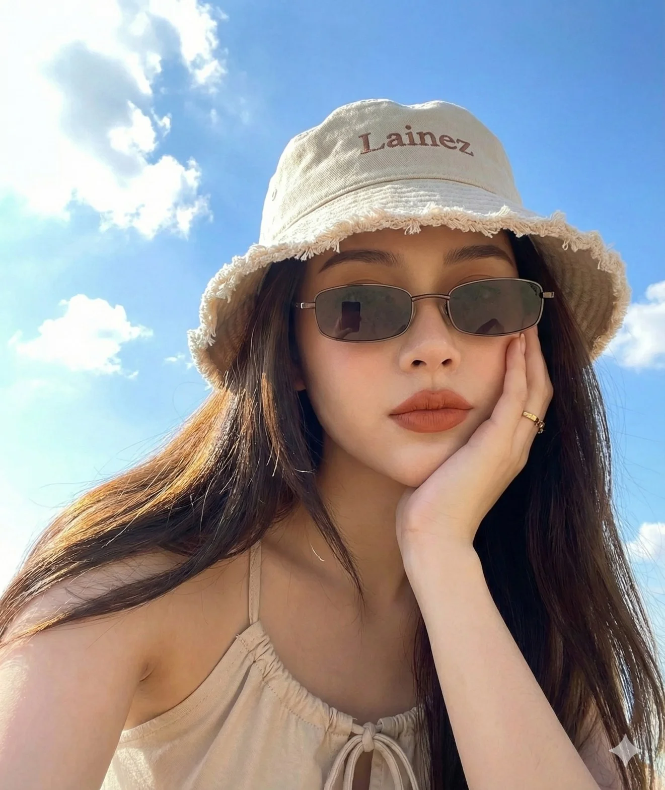 Woman wearing a beige bucket hat and narrow sunglasses beneath a bright blue sky