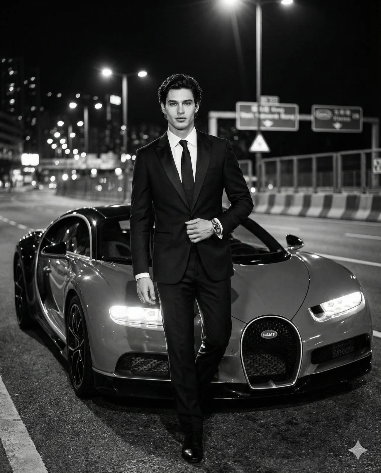 Suited man standing beside a Bugatti Chiron with headlights on at night