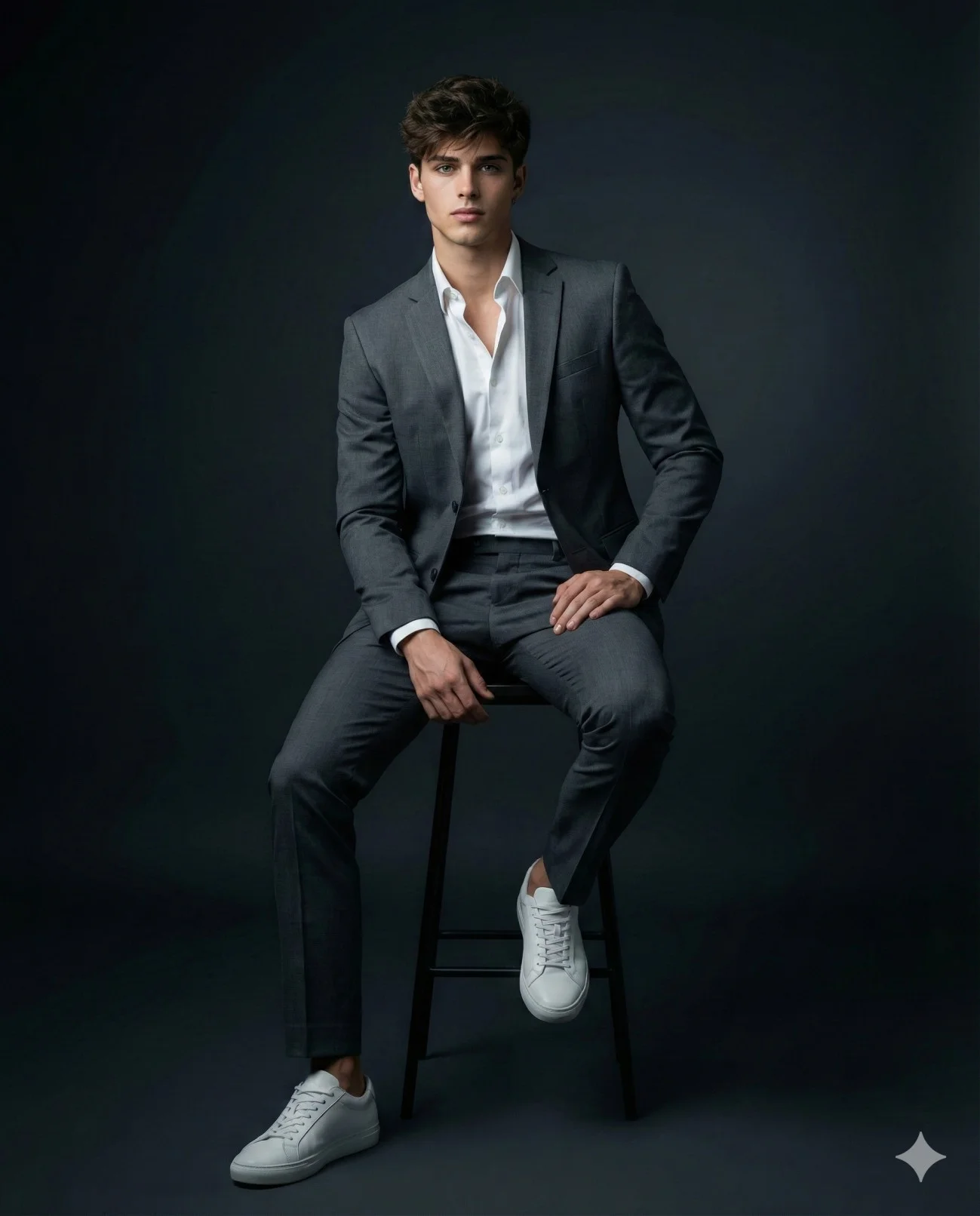 Man seated on a black stool wearing a gray suit and white sneakers