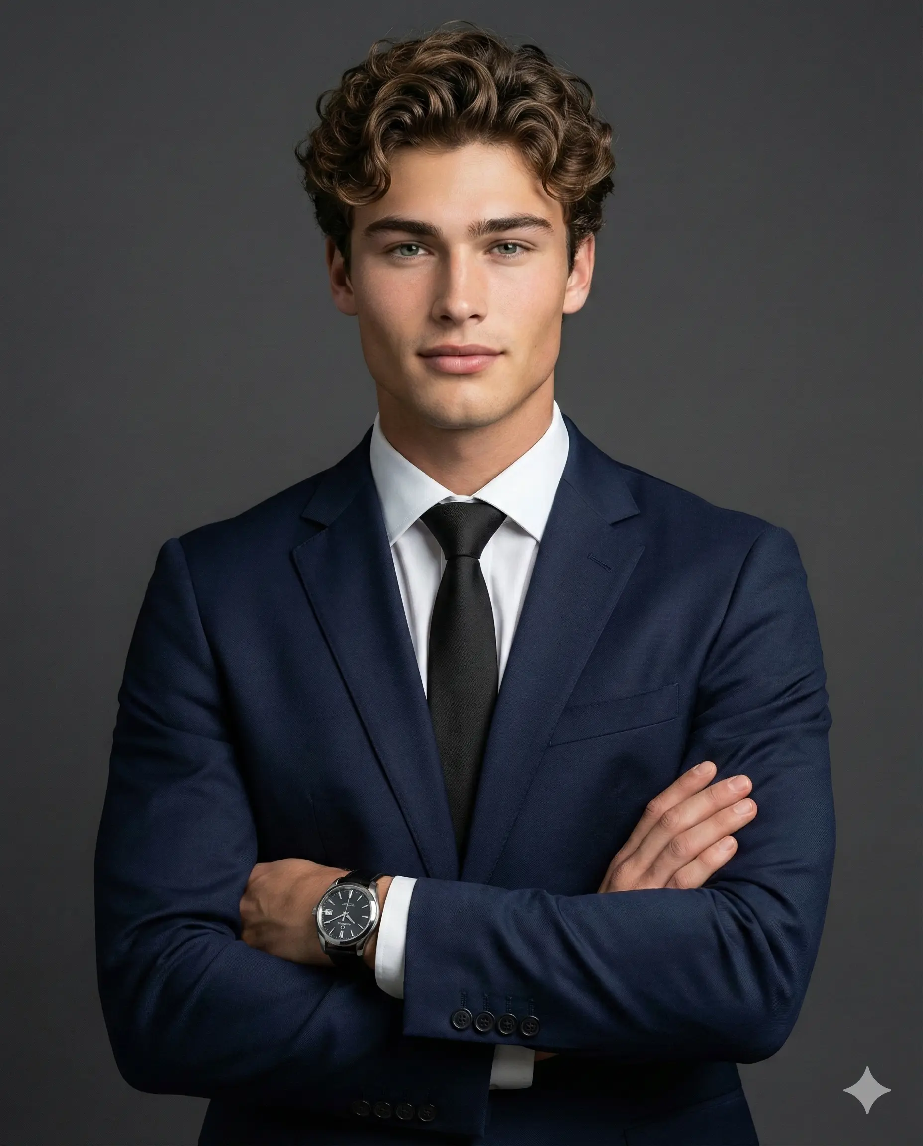 Businessman in a navy suit standing with arms crossed against a charcoal studio background