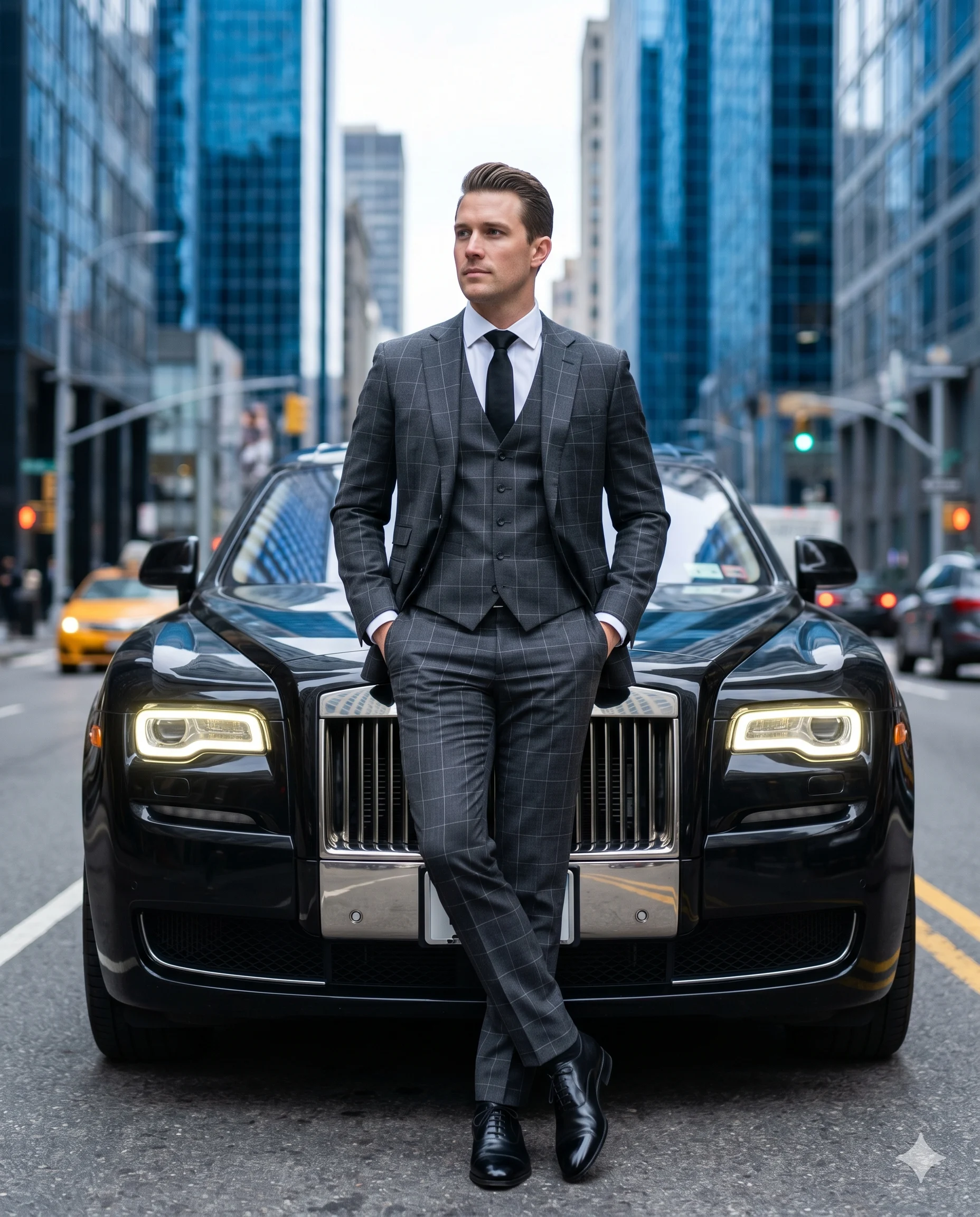 Man in a plaid three-piece suit leaning against a black luxury car on a city street