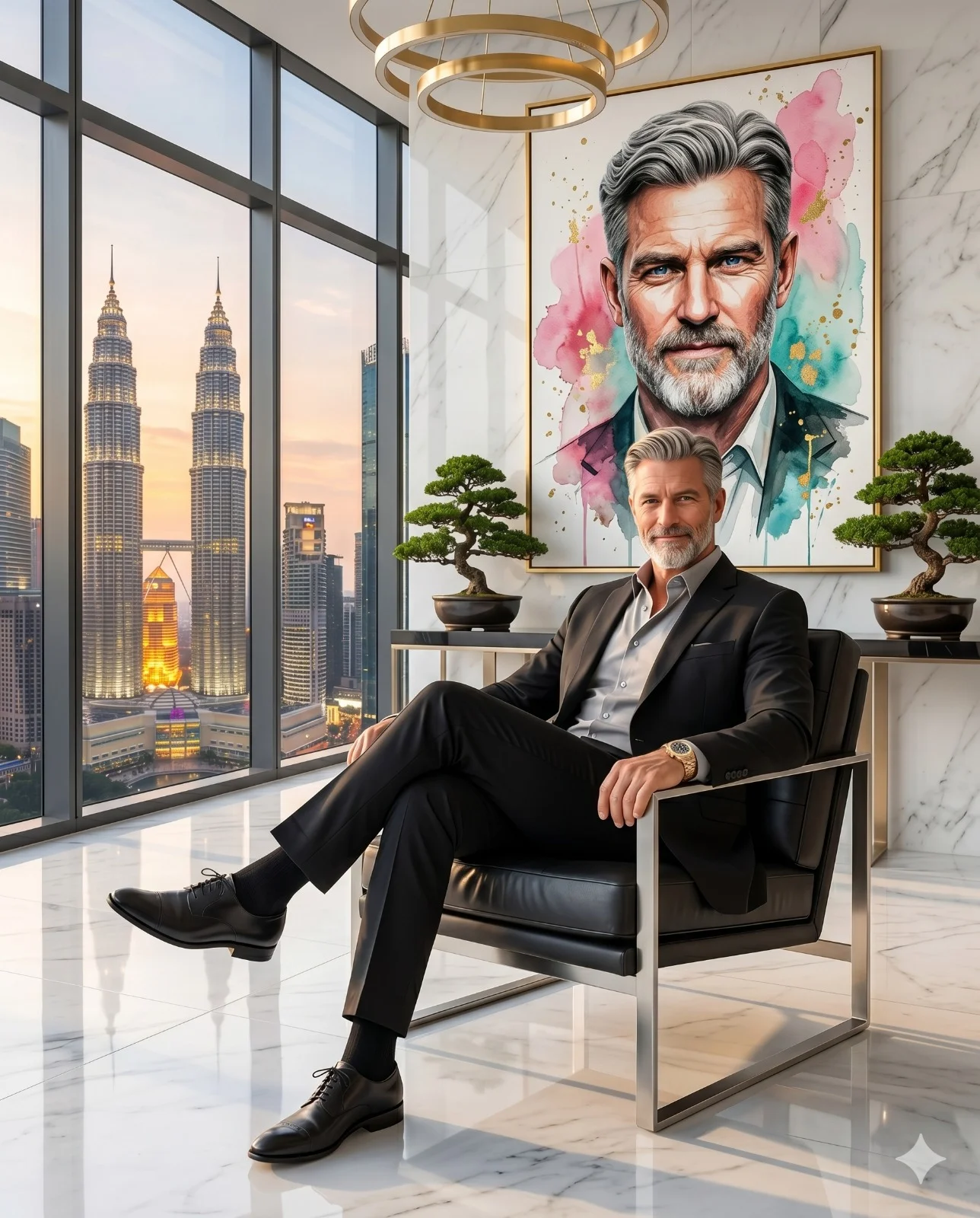 Man in a black suit seated in a marble office overlooking the Kuala Lumpur skyline