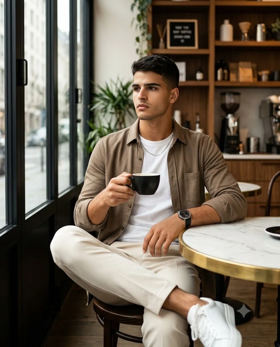 Thoughtful man holding a coffee cup while seated beside a large cafe window