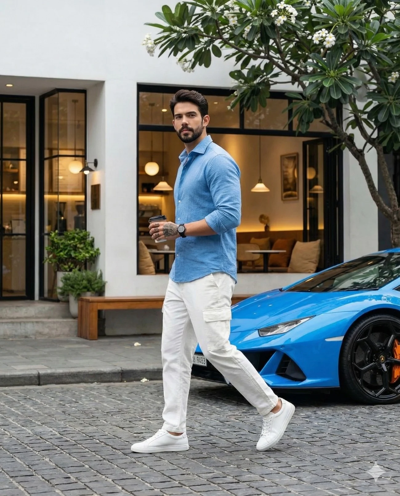 Stylish man walking on a cobblestone street beside a sports car and cafe