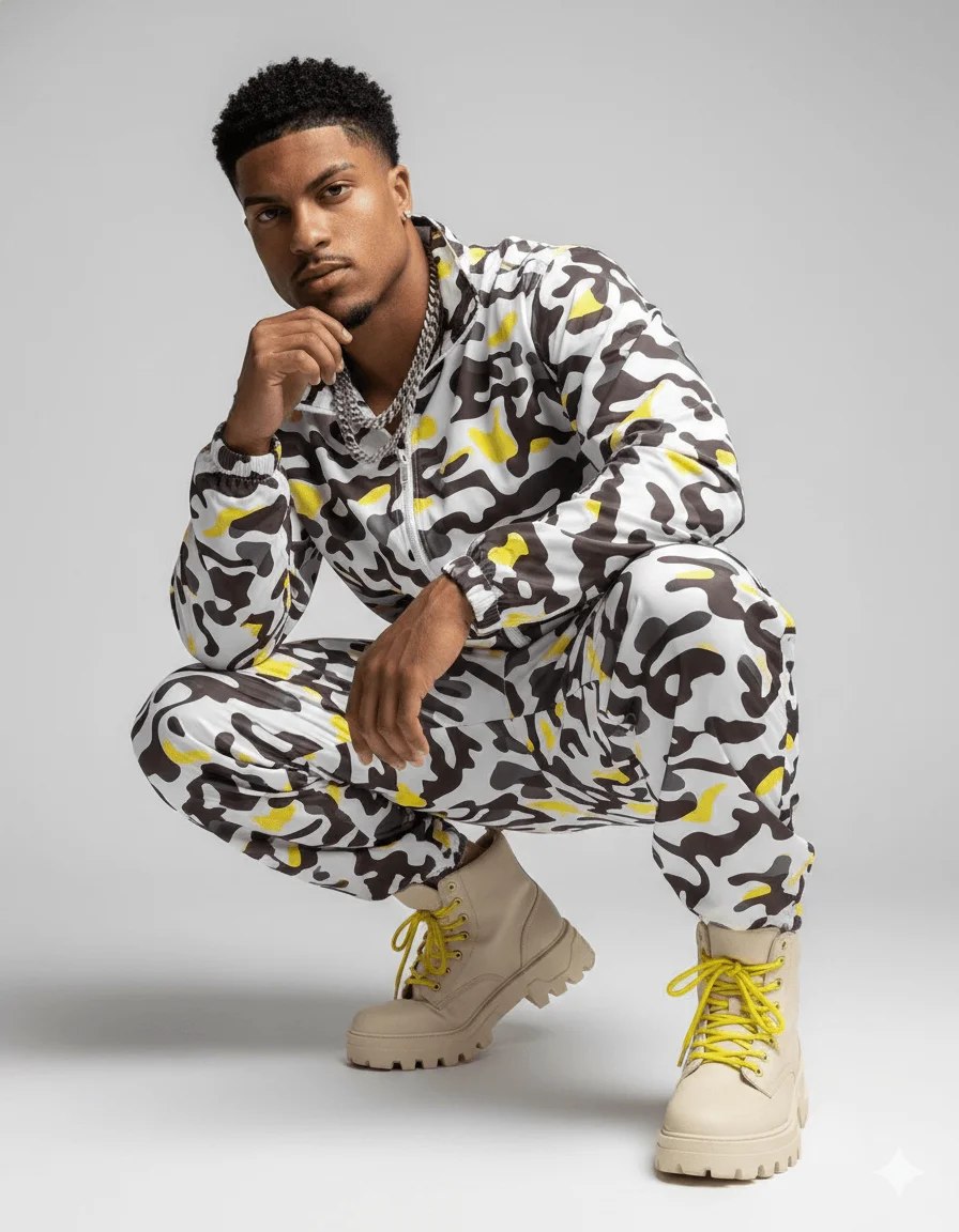 Man crouching in a patterned camouflage tracksuit with chunky cream utility boots