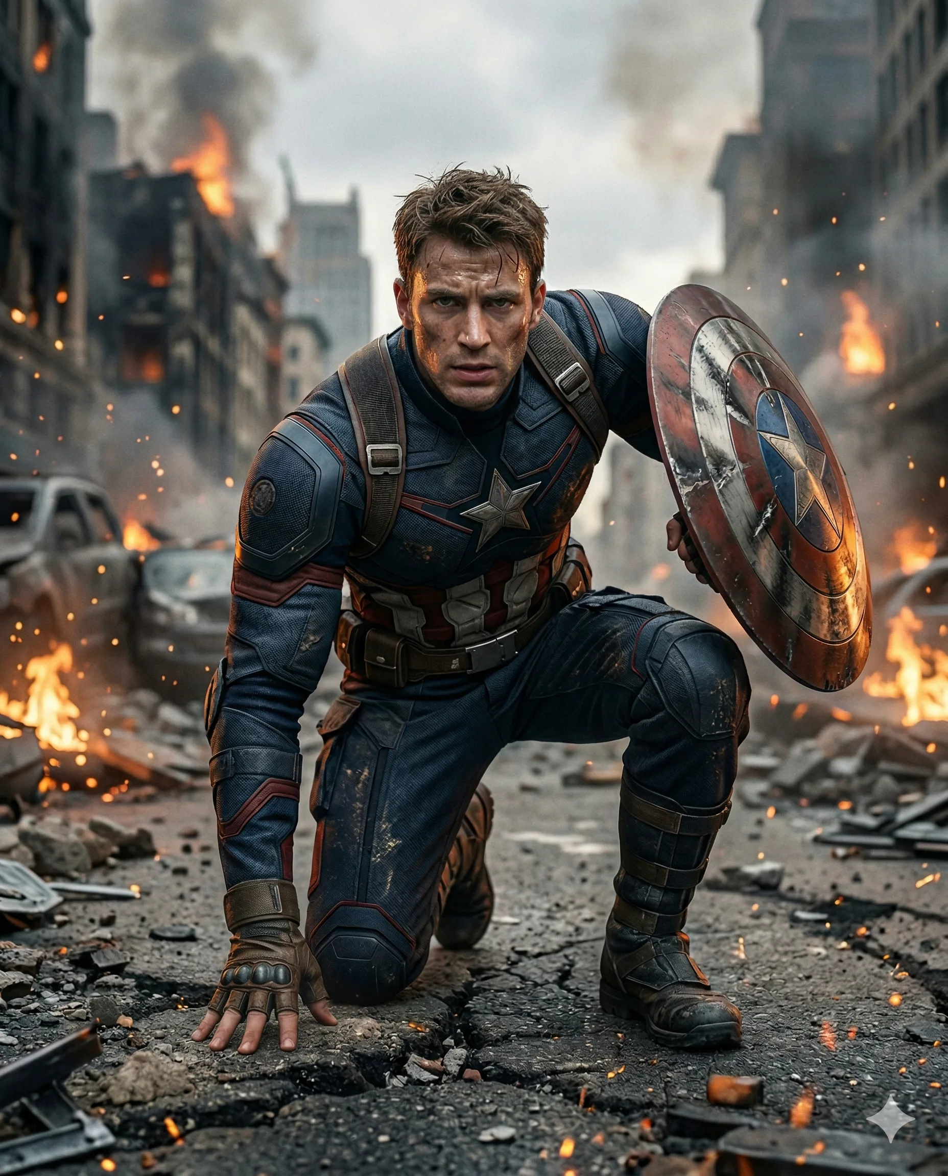 Battle-worn shield superhero kneeling on a ruined city street surrounded by fire and debris
