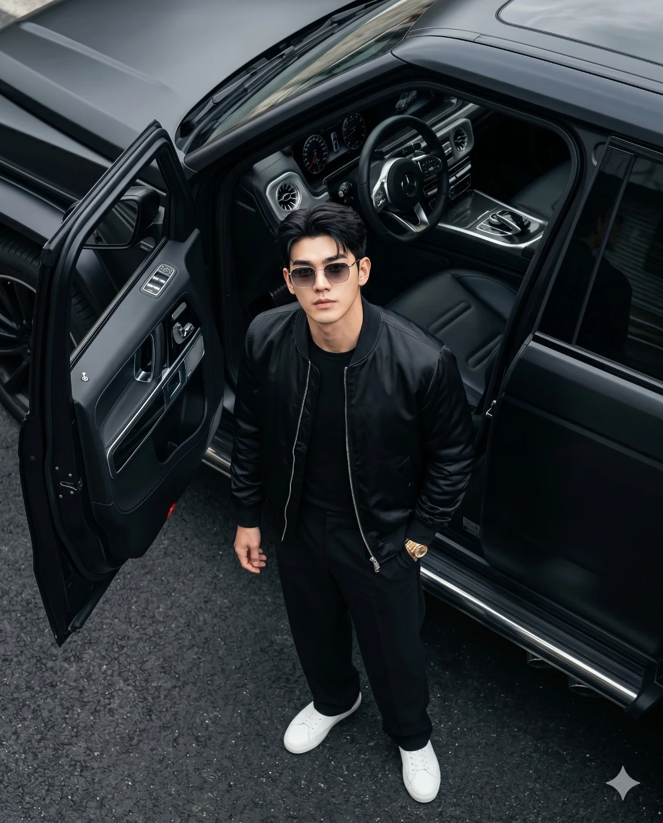 Man dressed in black looking up beside the open door of a black luxury SUV