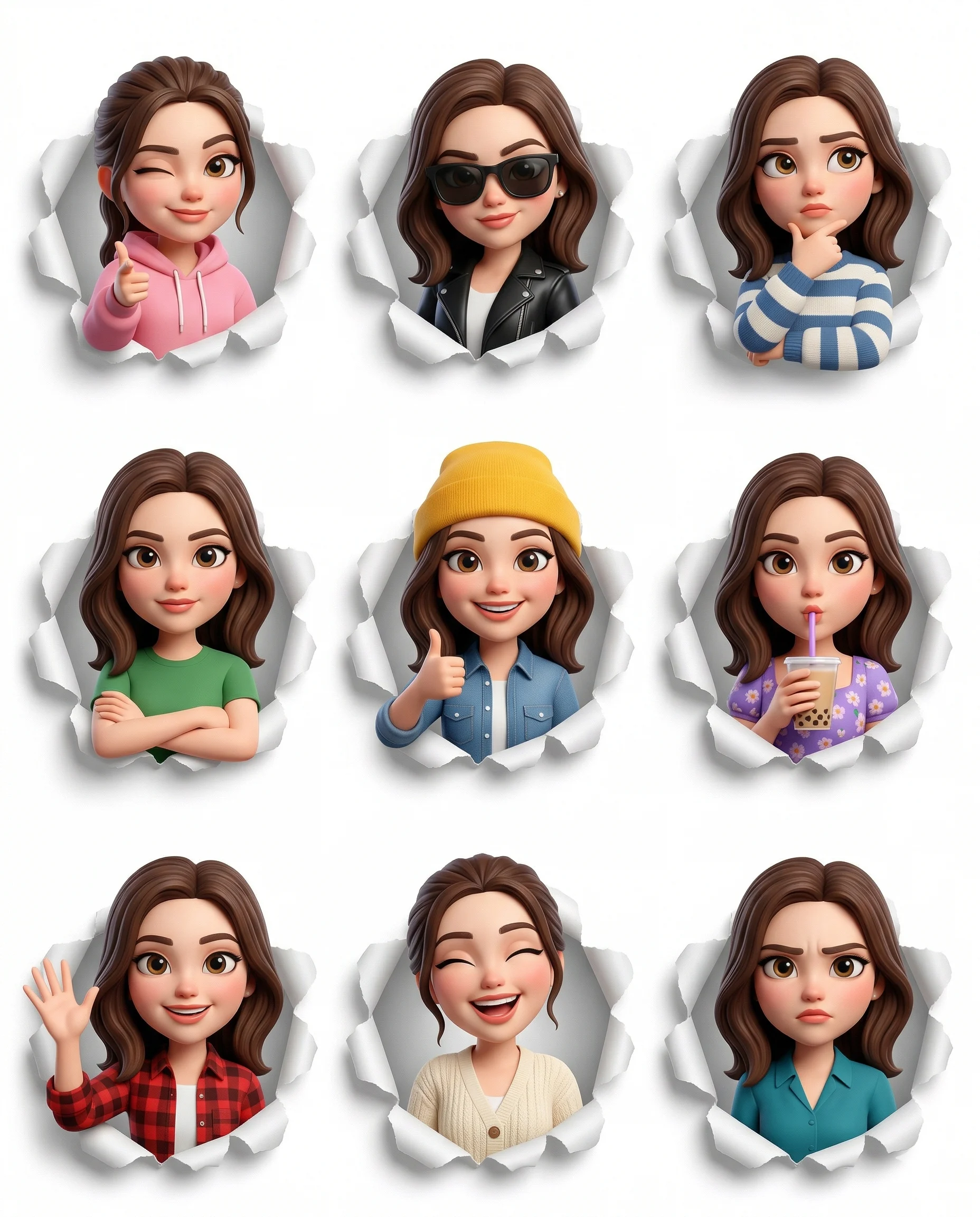 Nine 3D cartoon woman avatars showing different expressions and outfits in a grid